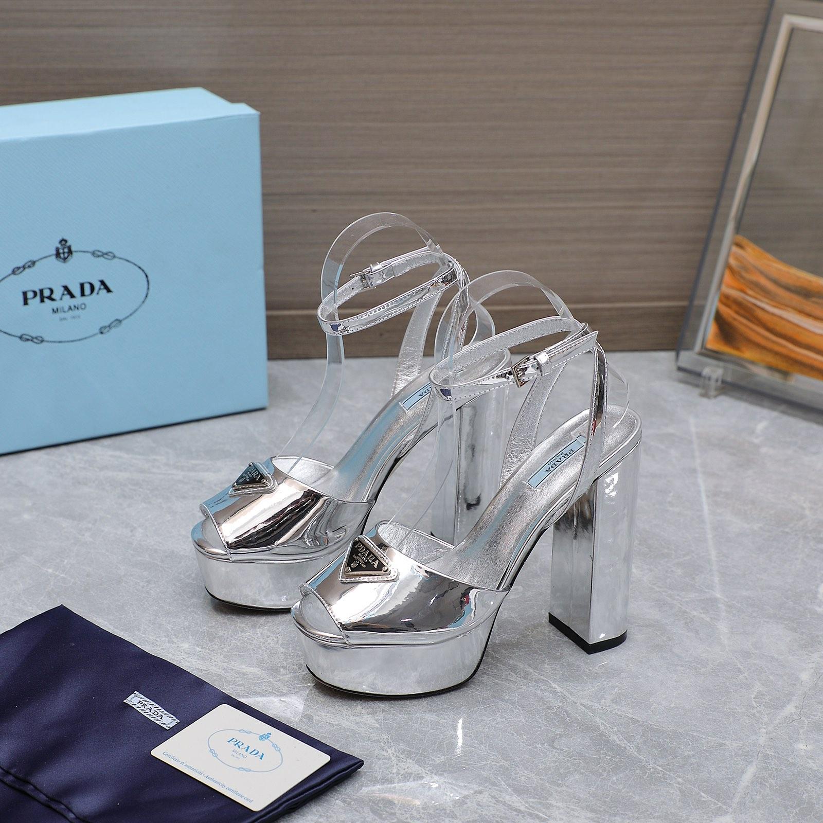 Prada Silver Tone Plateau Platform Sandals | Silver   13cm - FashionPlug