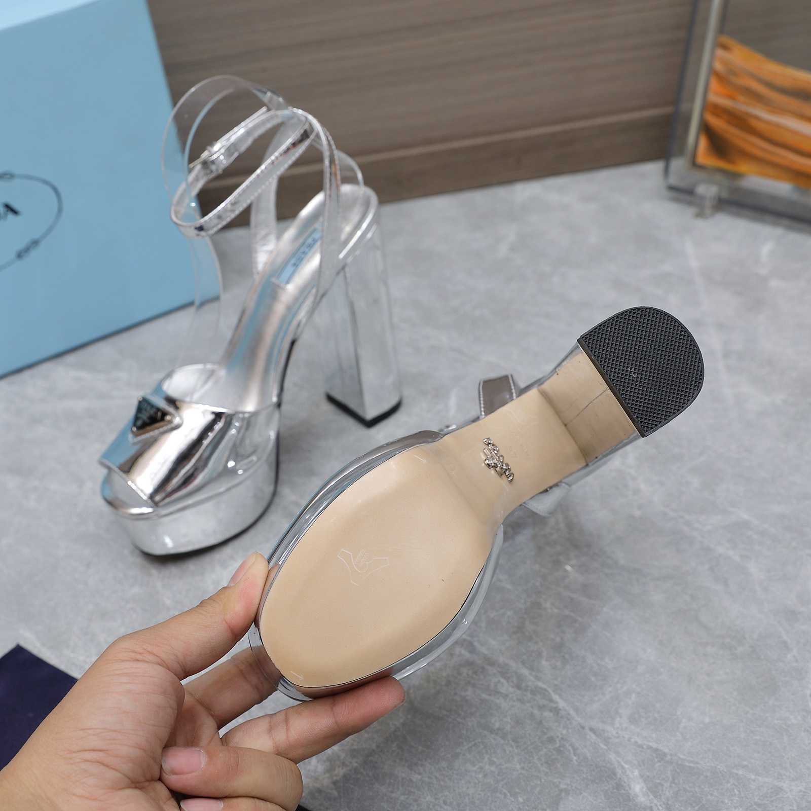 Prada Silver Tone Plateau Platform Sandals | Silver   13cm - FashionPlug