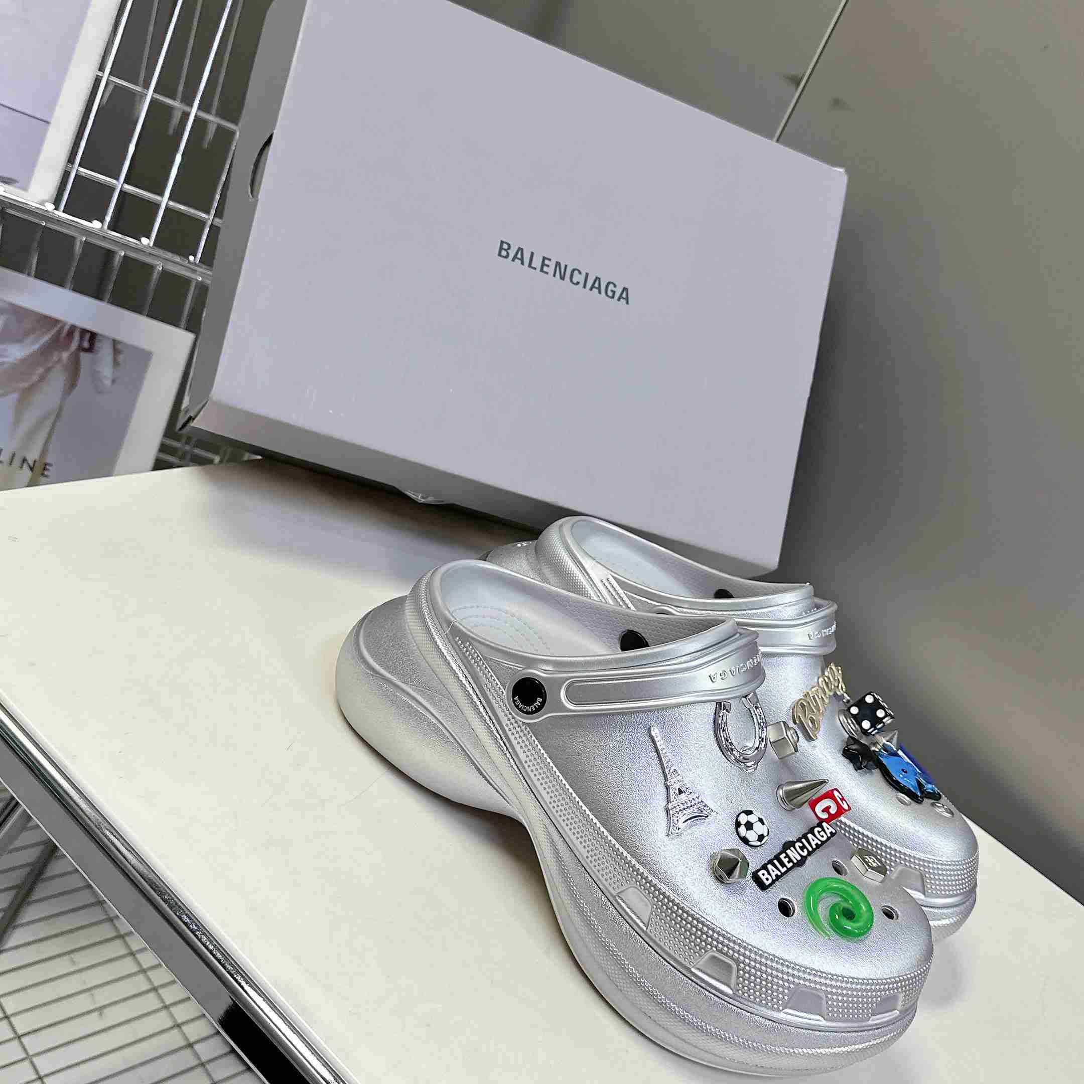 Balenciaga Crocs™ Mule In Silver - FashionPlug