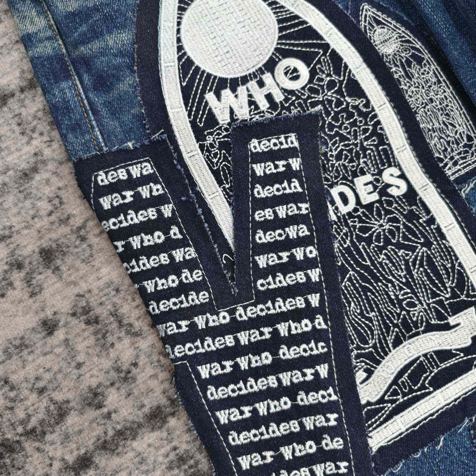 Who Decides War Motif Patched Jeans   702 - FashionPlug