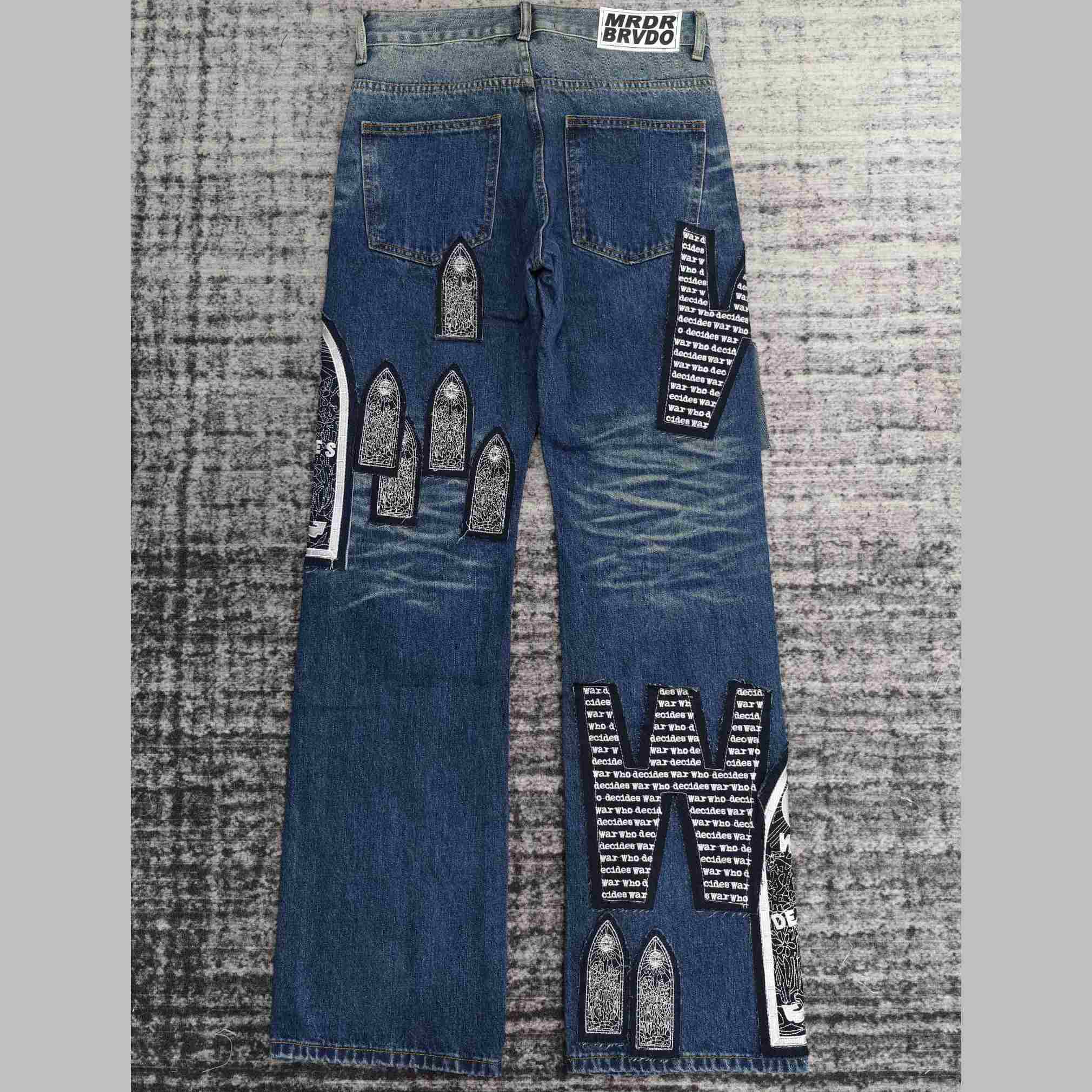 Who Decides War Motif Patched Jeans   702 - FashionPlug