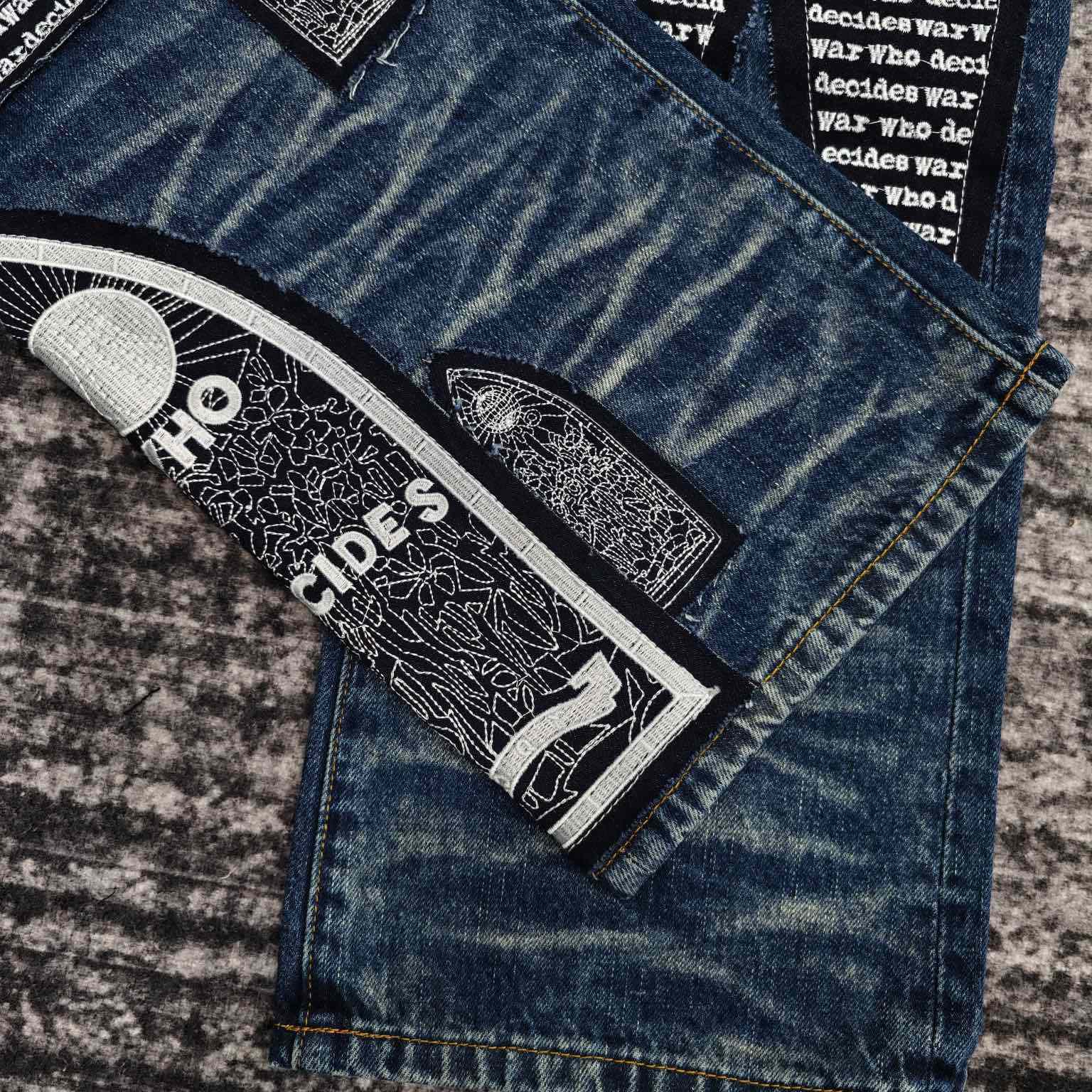 Who Decides War Motif Patched Jeans   702 - FashionPlug
