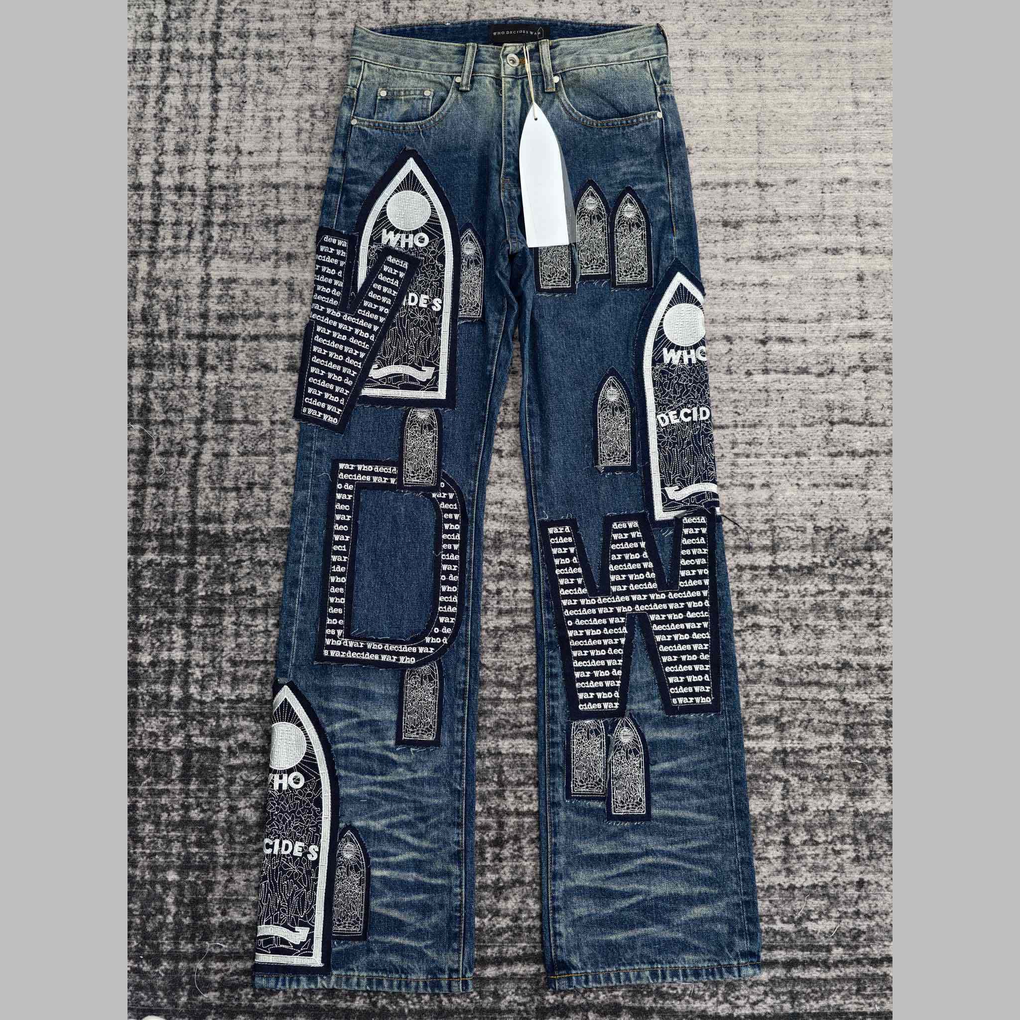 Who Decides War Motif Patched Jeans   702 - FashionPlug