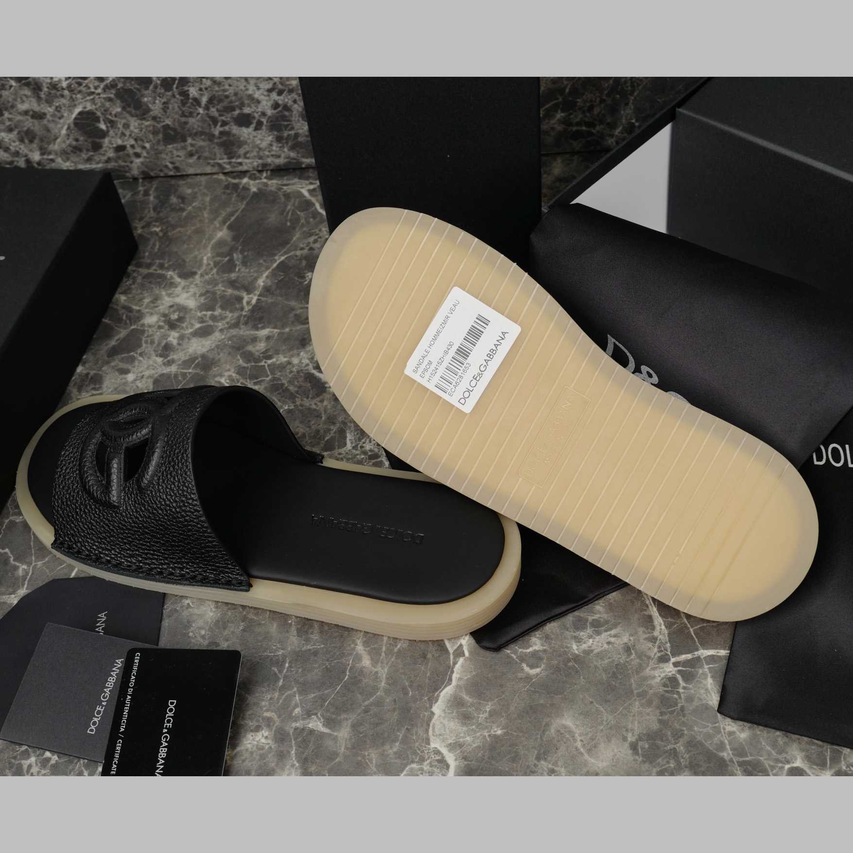 Dolce & Gabbana Black Leather Sliders - FashionPlug
