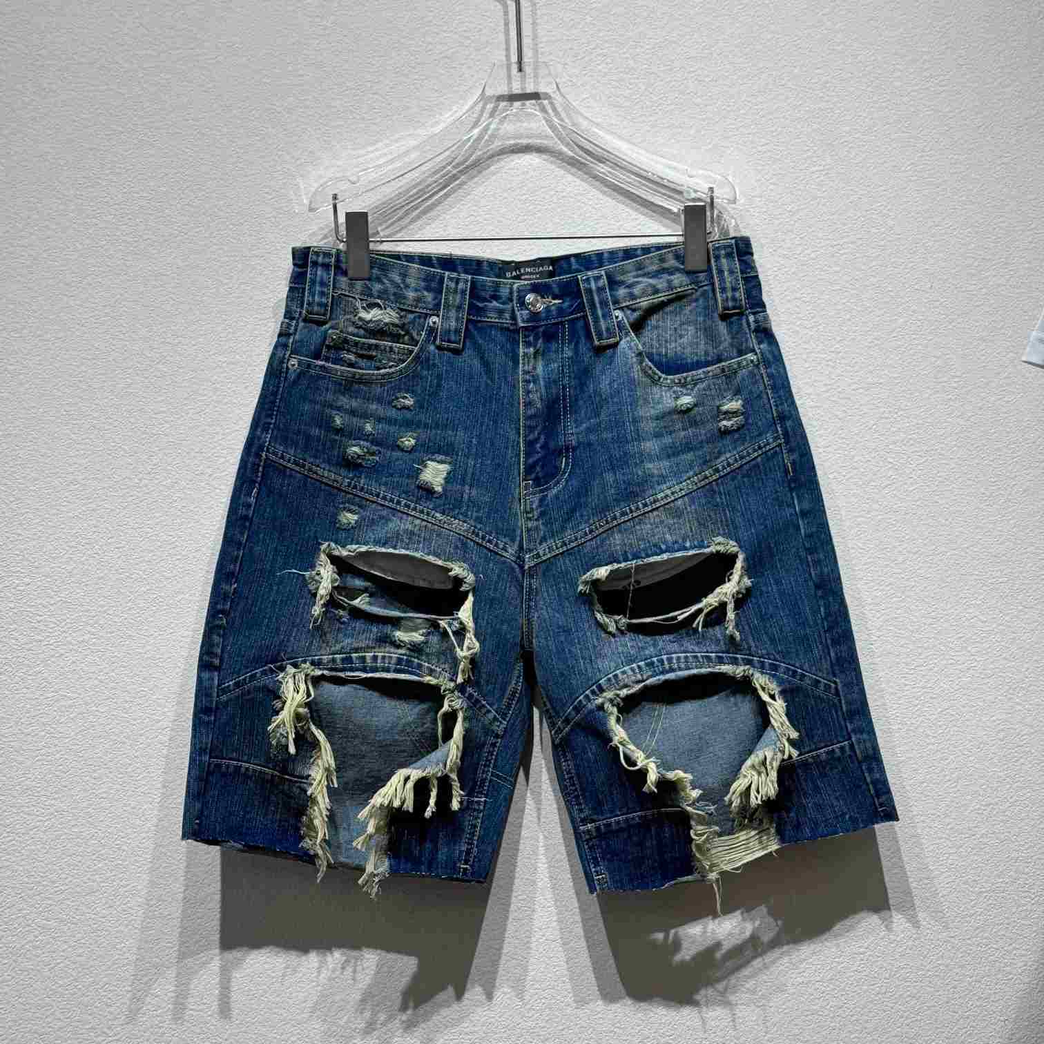 Balenciaga Distressed Baggy Shorts In Blue - FashionPlug