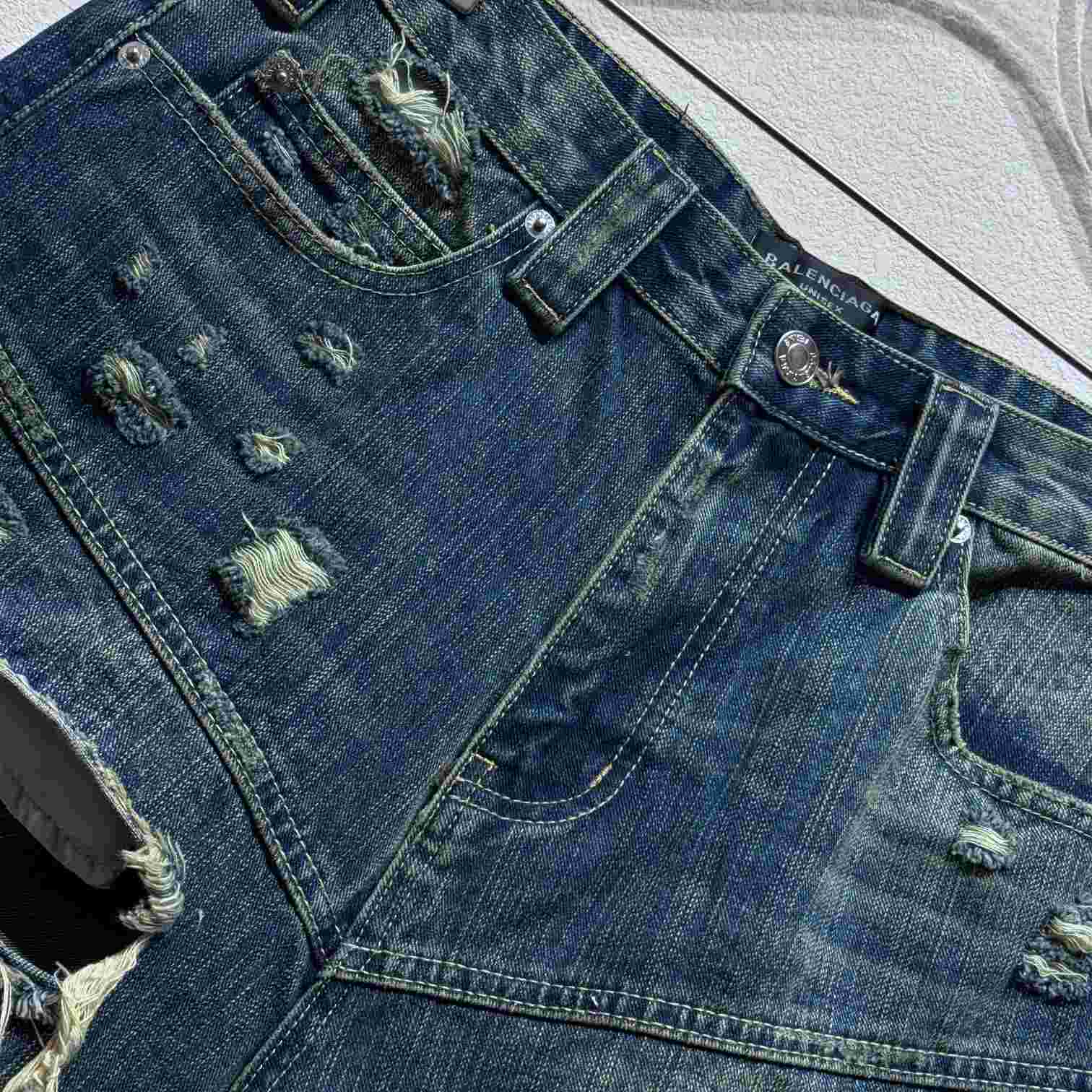 Balenciaga Distressed Baggy Shorts In Blue - FashionPlug