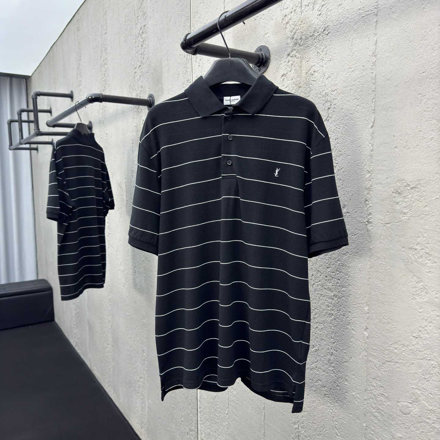 Saint Laurent Cassandre Polo Shirt In Striped Pique - FashionPlug