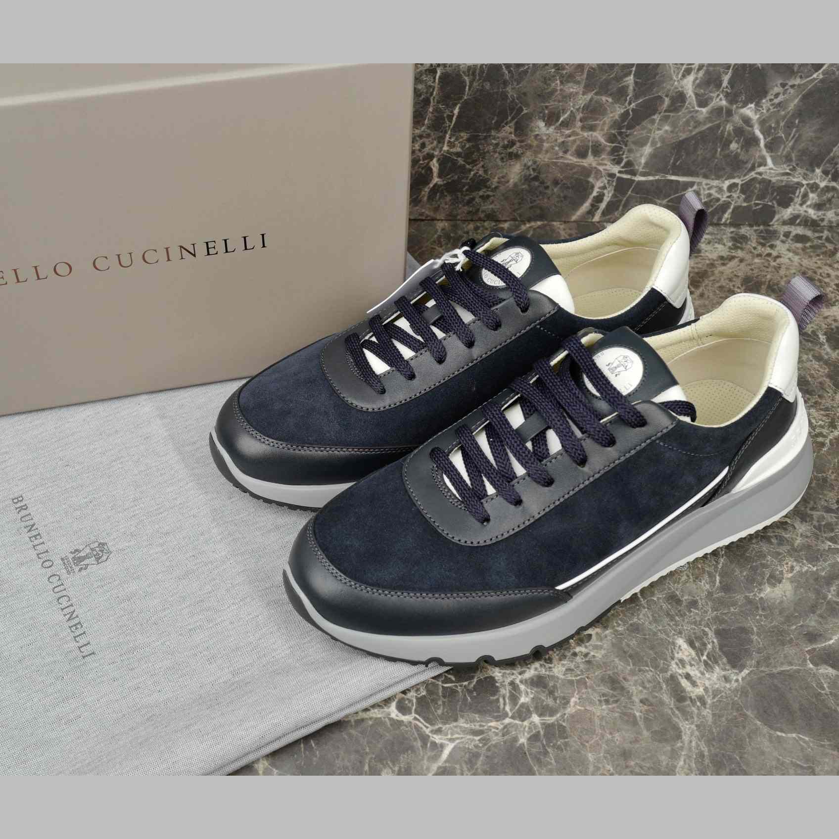 Brunello Cucinelli Washed Suede And Semi-polished Calfskin Runners  - FashionPlug