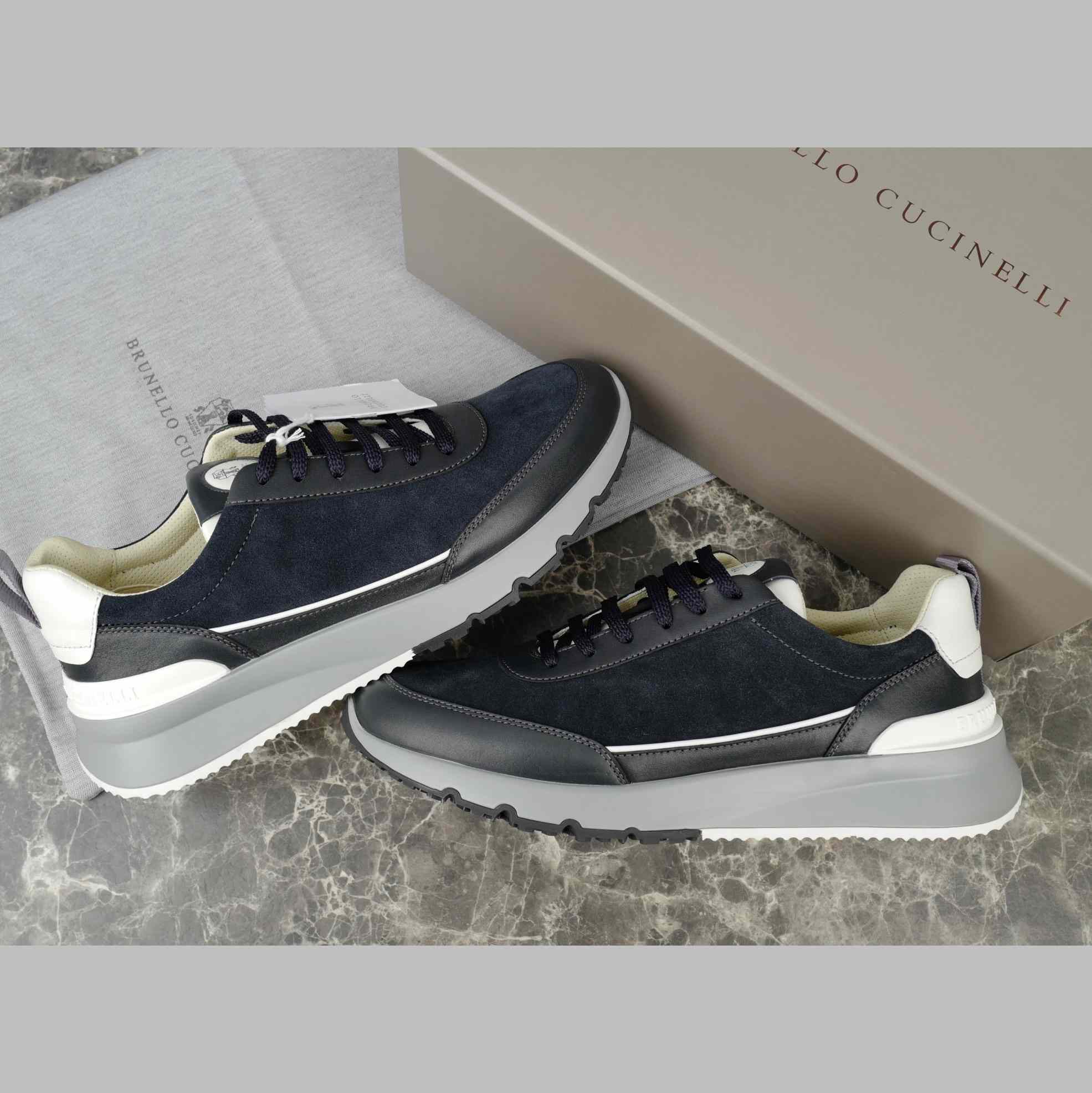 Brunello Cucinelli Washed Suede And Semi-polished Calfskin Runners  - FashionPlug