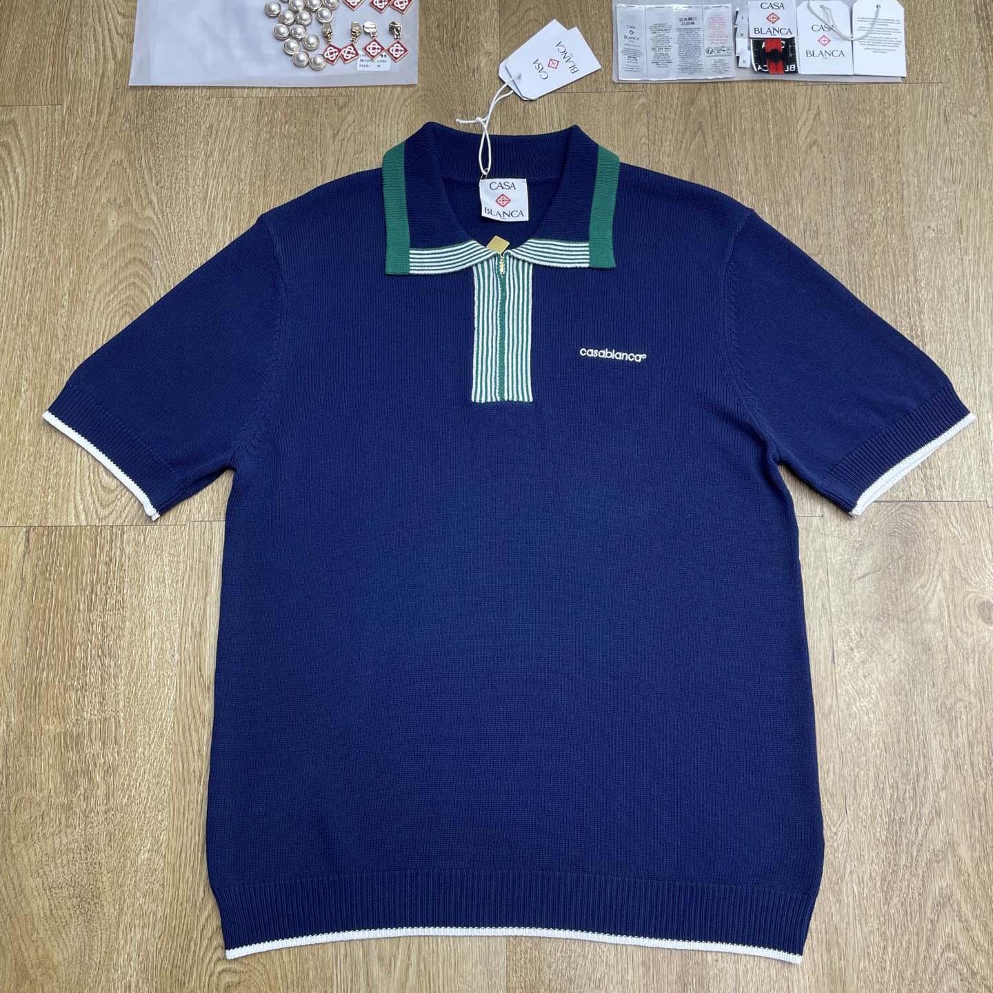 Casablanca Merino Wool T-shirt With Striped Collar In Blue   D0089 - FashionPlug
