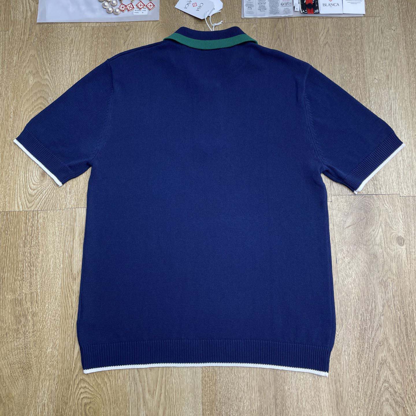 Casablanca Merino Wool T-shirt With Striped Collar In Blue   D0089 - FashionPlug