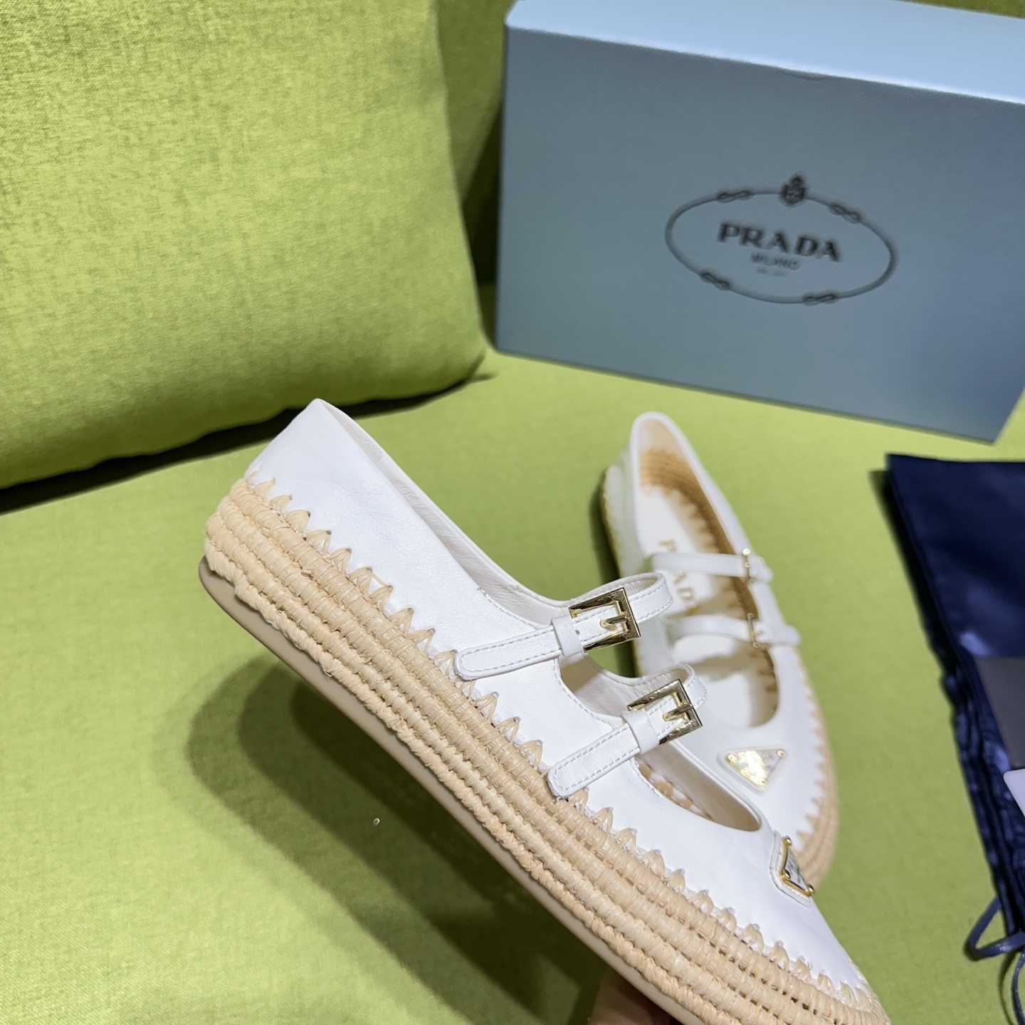 Prada Nappa Leather And Raffia Ballerinas - FashionPlug