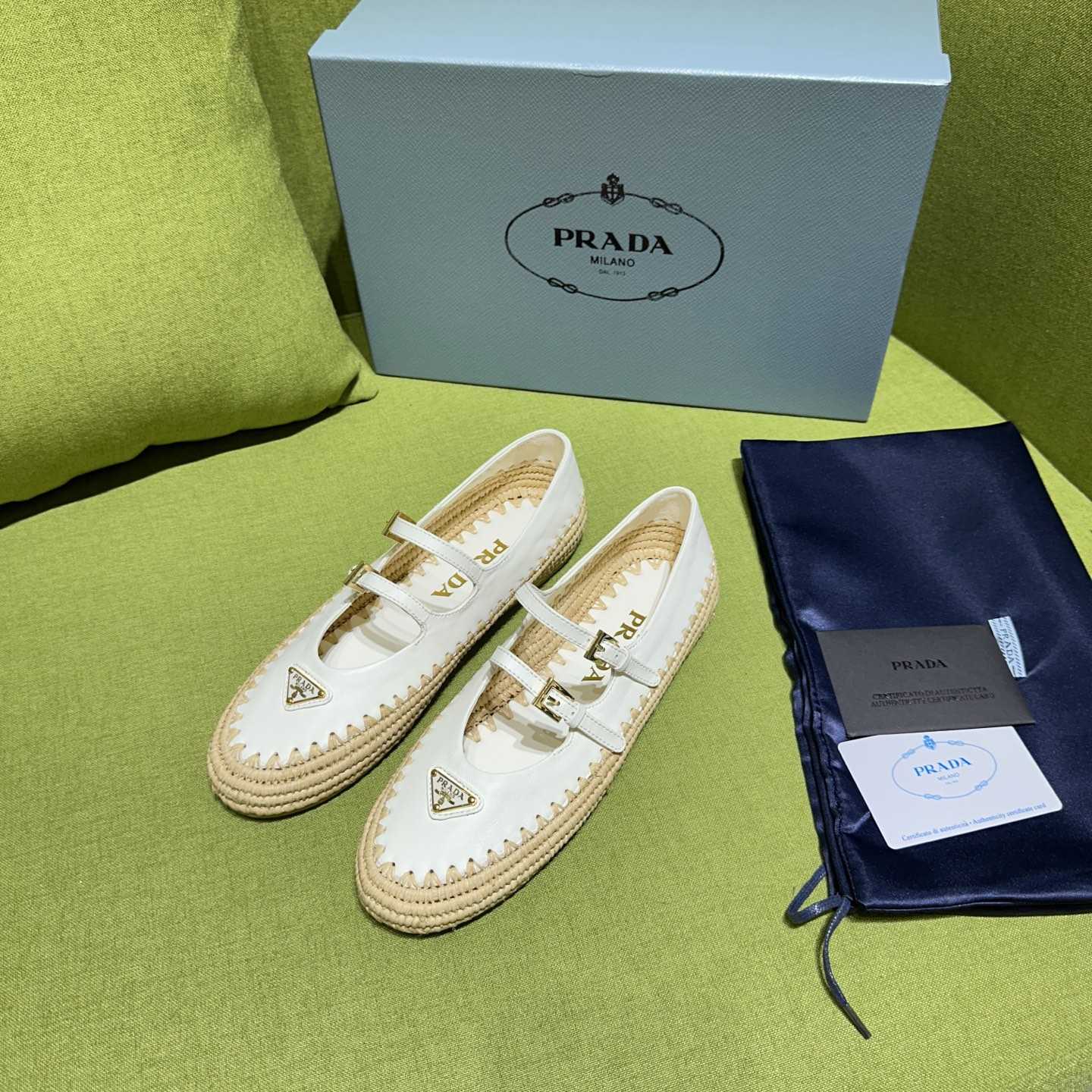 Prada Nappa Leather And Raffia Ballerinas - FashionPlug