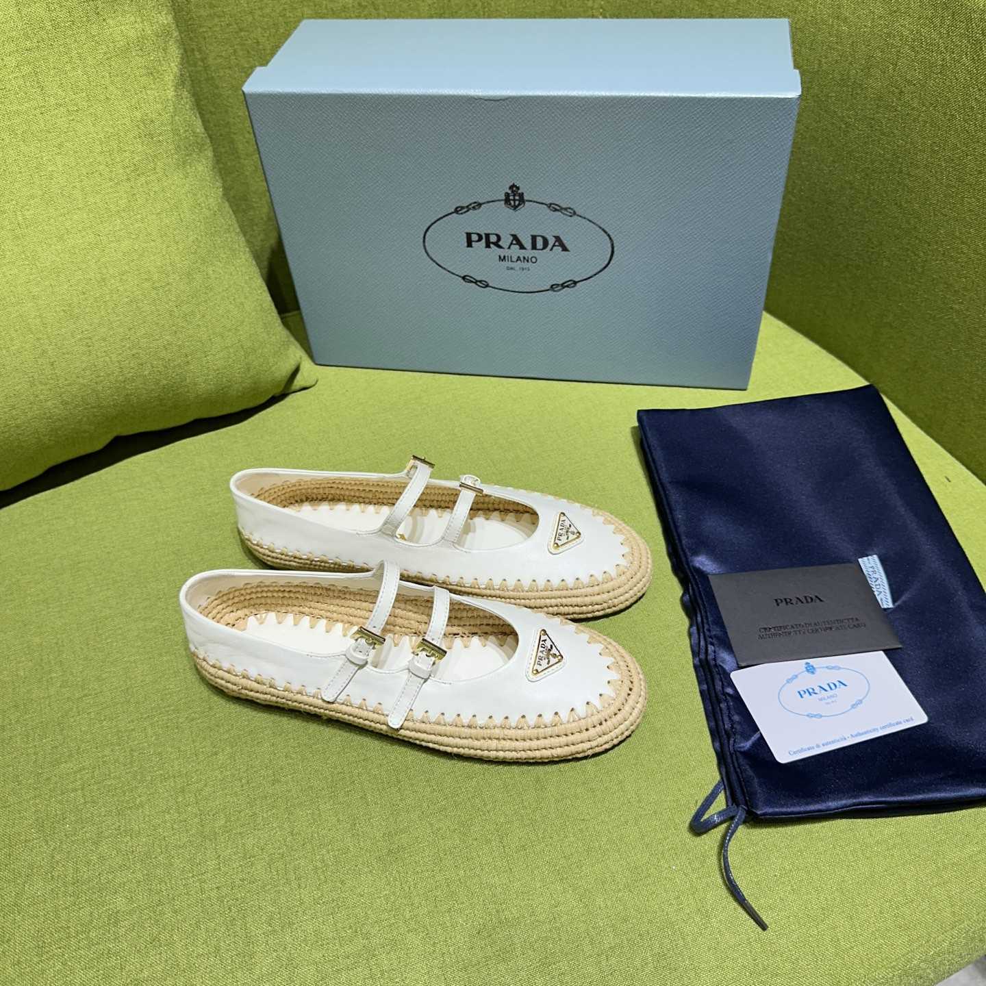 Prada Nappa Leather And Raffia Ballerinas - FashionPlug