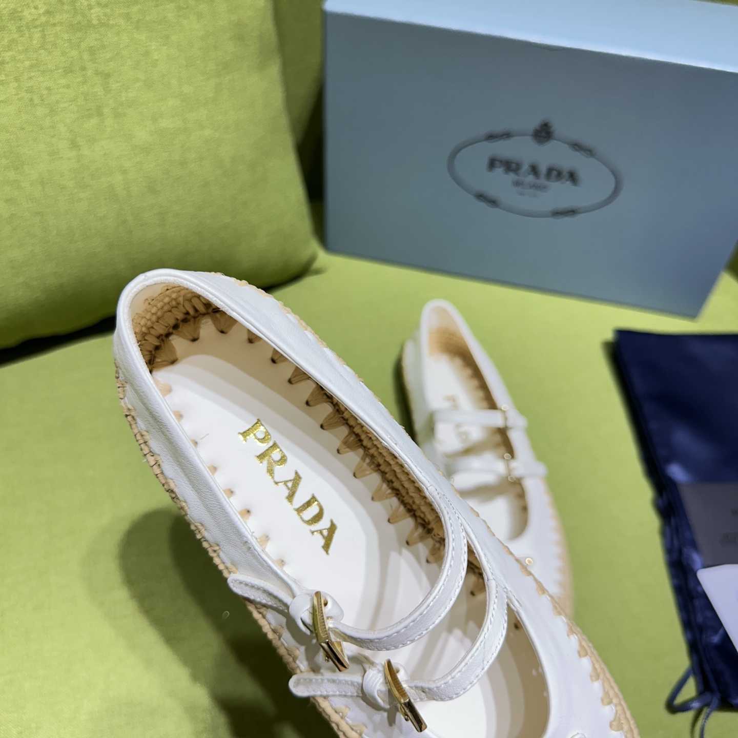 Prada Nappa Leather And Raffia Ballerinas - FashionPlug