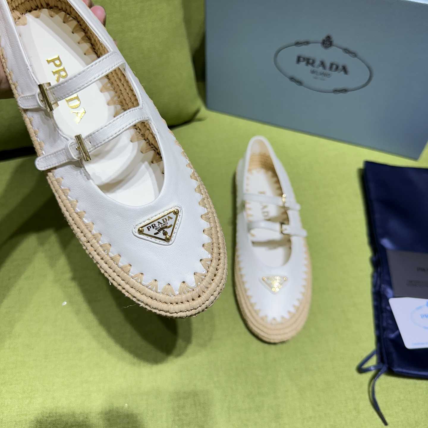 Prada Nappa Leather And Raffia Ballerinas - FashionPlug