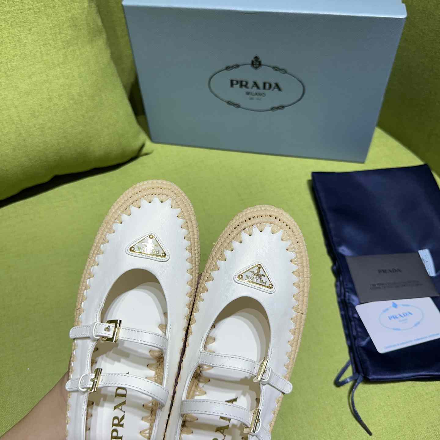 Prada Nappa Leather And Raffia Ballerinas - FashionPlug