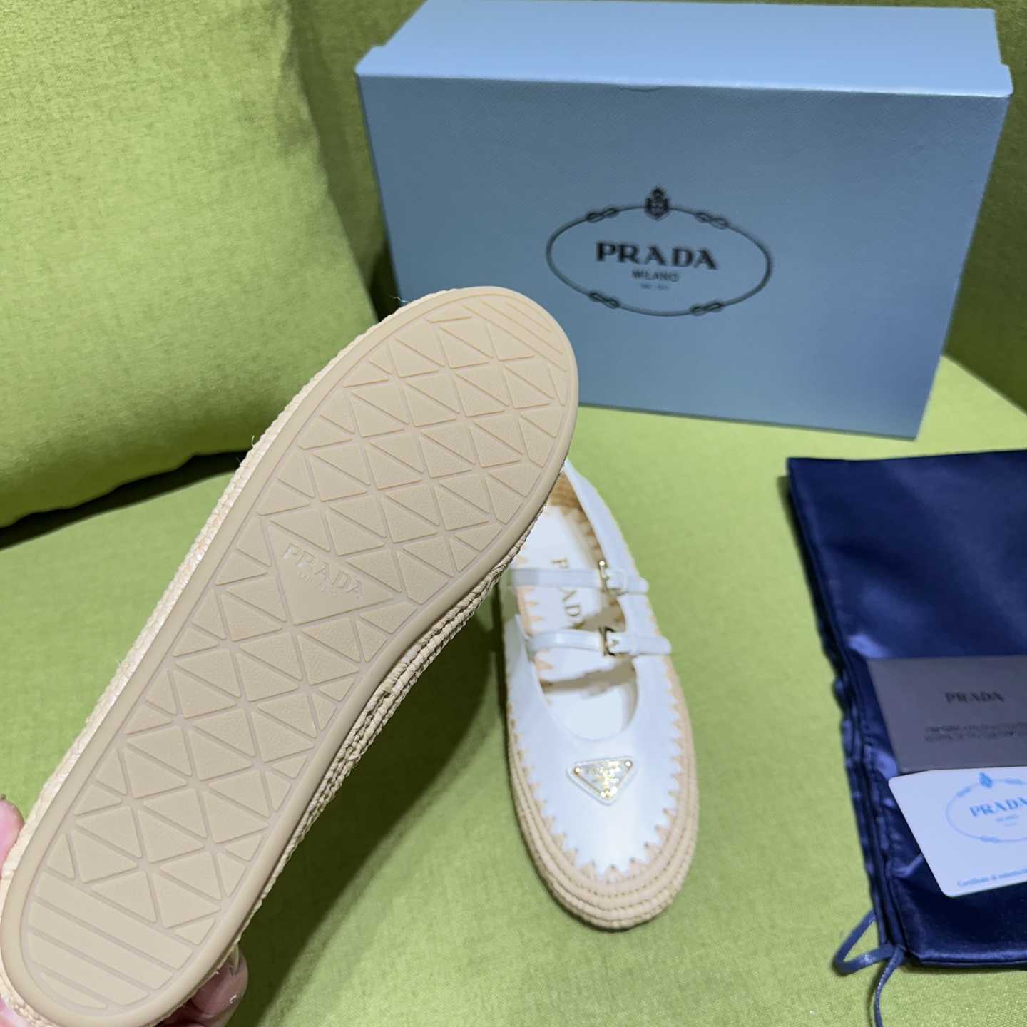 Prada Nappa Leather And Raffia Ballerinas - FashionPlug