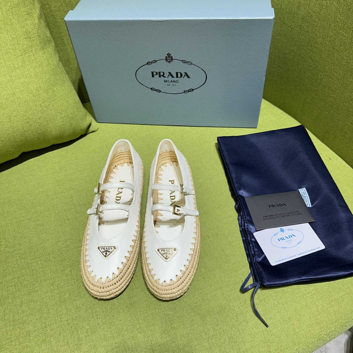Prada Nappa Leather And Raffia Ballerinas - FashionPlug