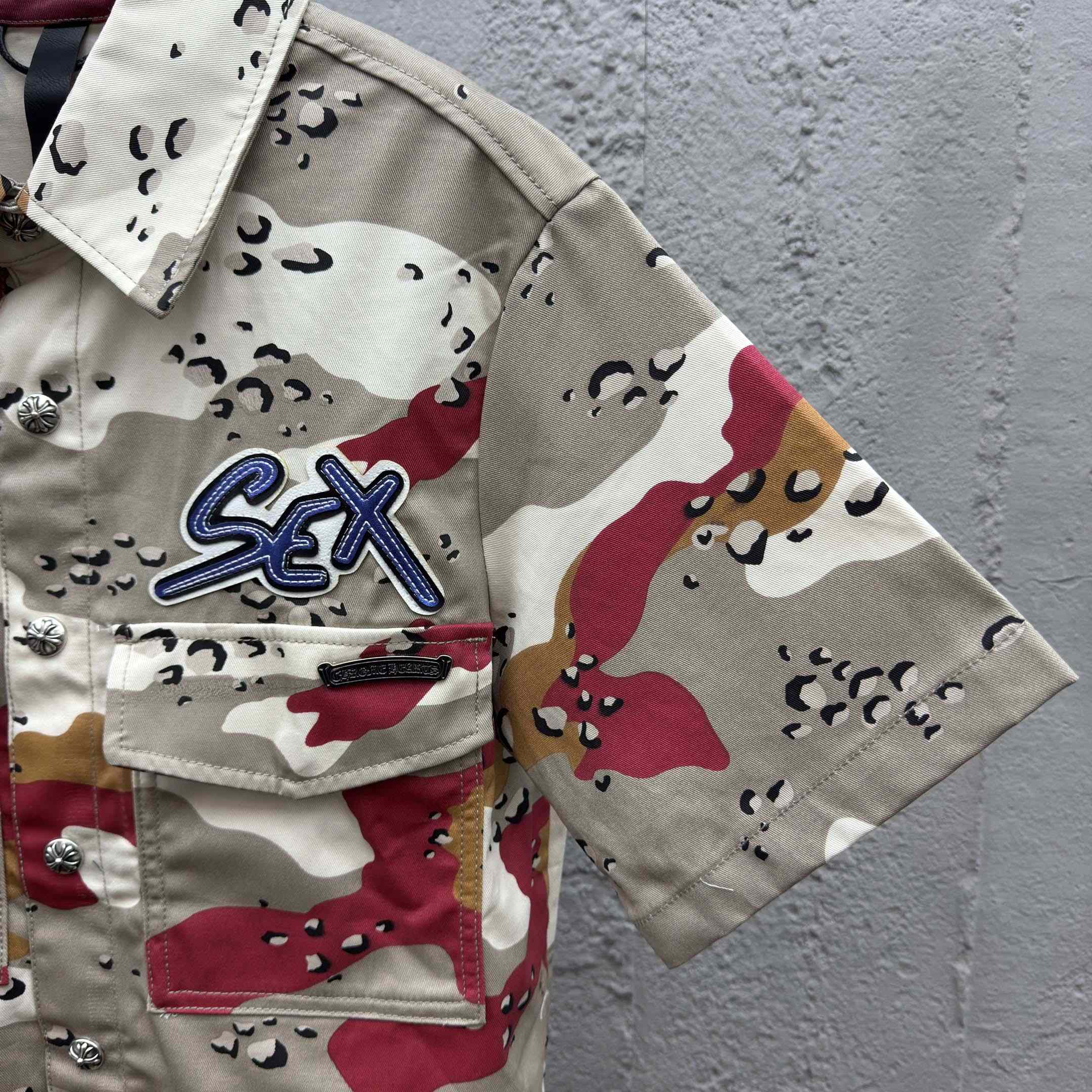 Chrome Hearts Matty Boy Sex Records Camo Cropped Button Up - FashionPlug