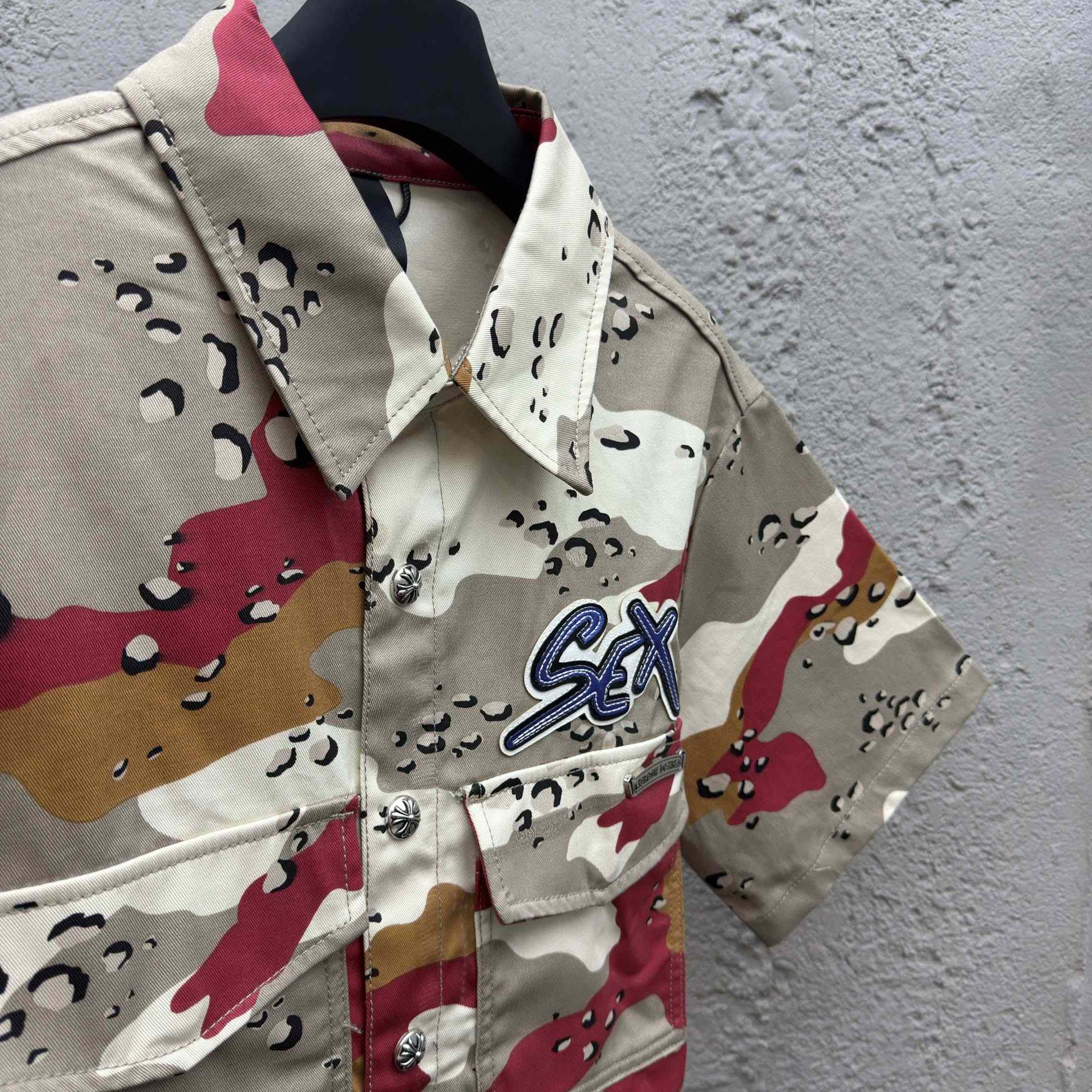 Chrome Hearts Matty Boy Sex Records Camo Cropped Button Up - FashionPlug