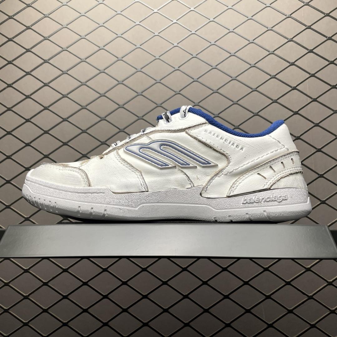 Balenciaga Hamptons Worn-Out Sneaker In White, Dark Blue And Grey Cowskin And Polyester - FashionPlug