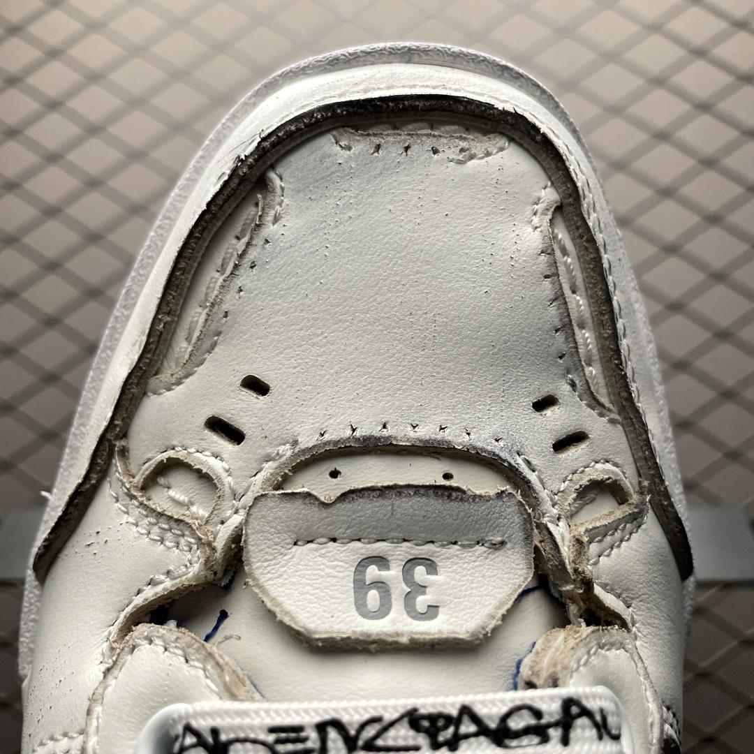 Balenciaga Hamptons Worn-Out Sneaker In White, Dark Blue And Grey Cowskin And Polyester - FashionPlug