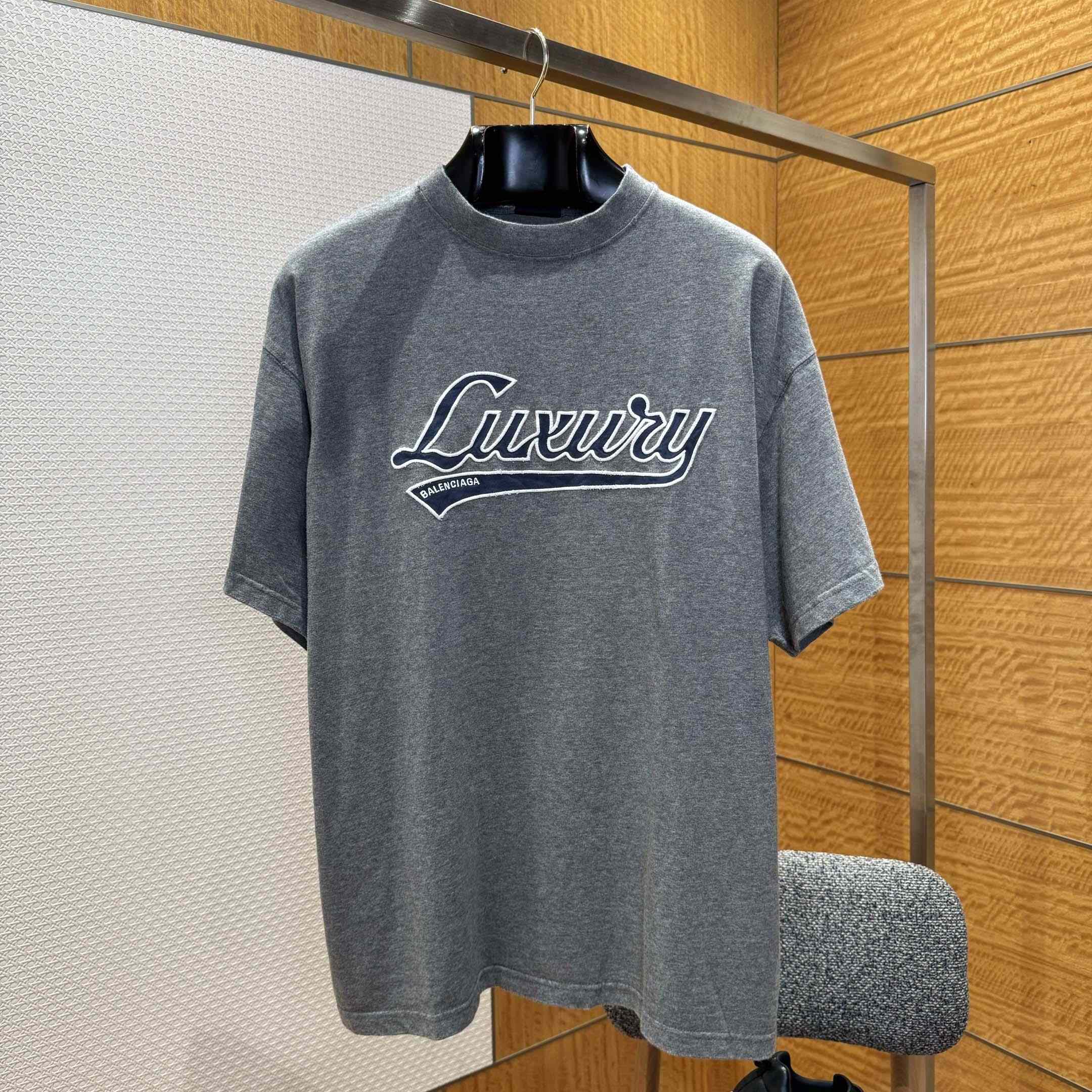 Balenciaga Luxury Script Oversized T-Shirt In Dark Heather Grey And Blue Dry Jersey - FashionPlug