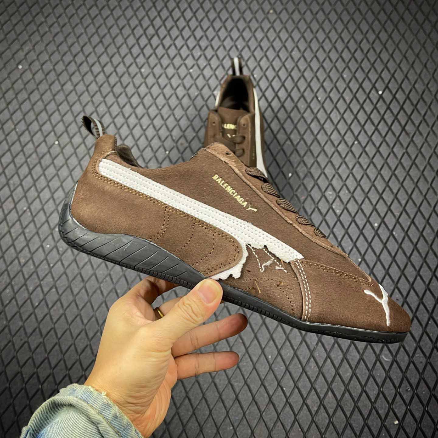 Balenciaga Speedcat Suede Balenciaga In Brown, White And Black Distressed Suede Cowskin - FashionPlug