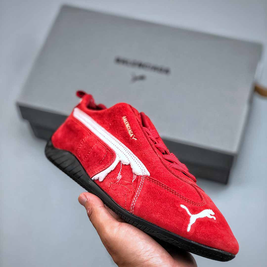 Balenciaga Speedcat Suede Balenciaga In Red, White And Black Distressed Suede Cowskin - FashionPlug