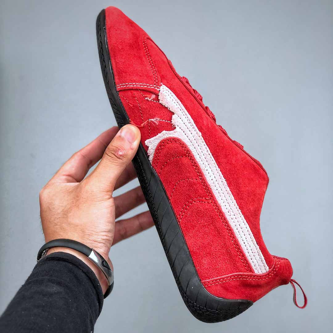 Balenciaga Speedcat Suede Balenciaga In Red, White And Black Distressed Suede Cowskin - FashionPlug
