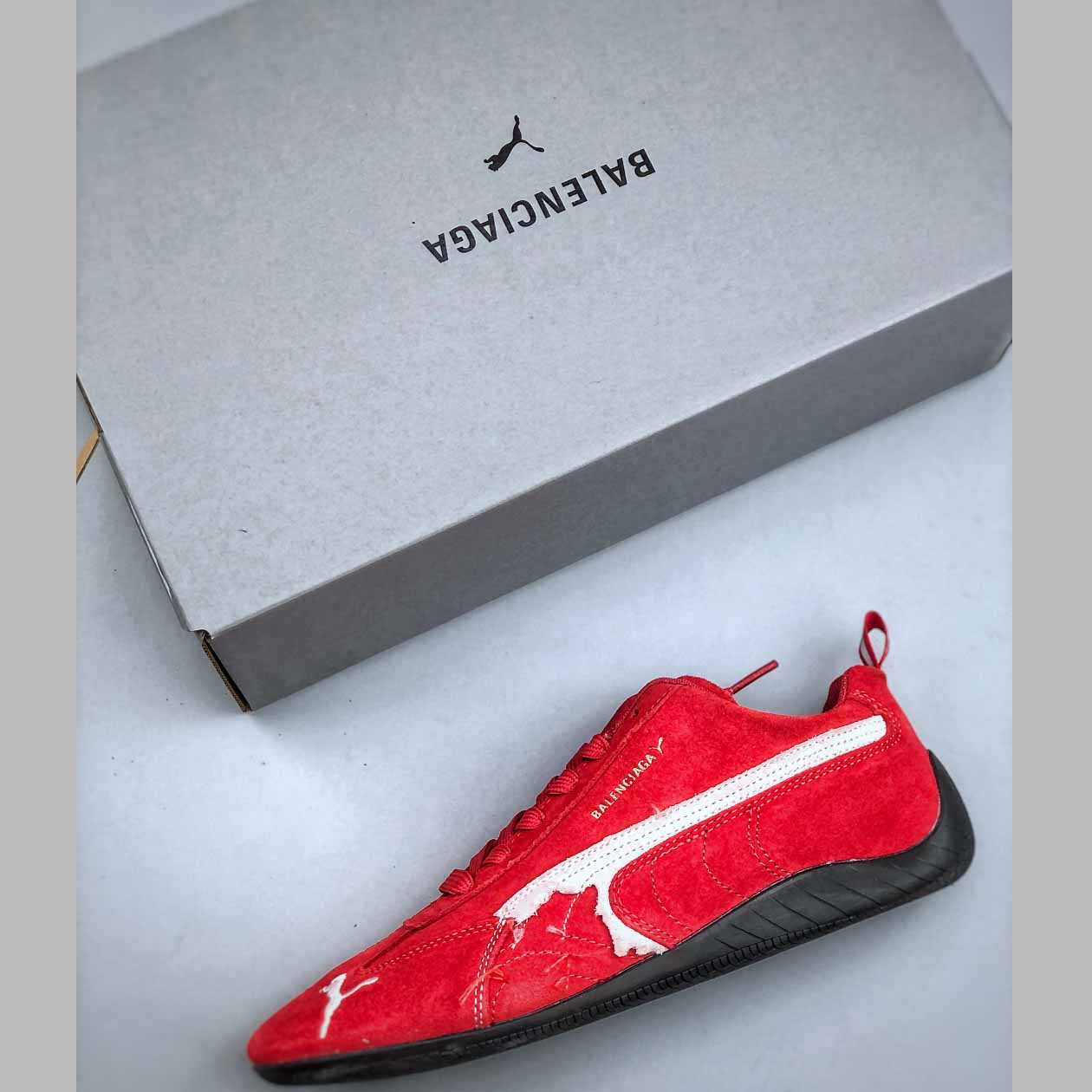 Balenciaga Speedcat Suede Balenciaga In Red, White And Black Distressed Suede Cowskin - FashionPlug