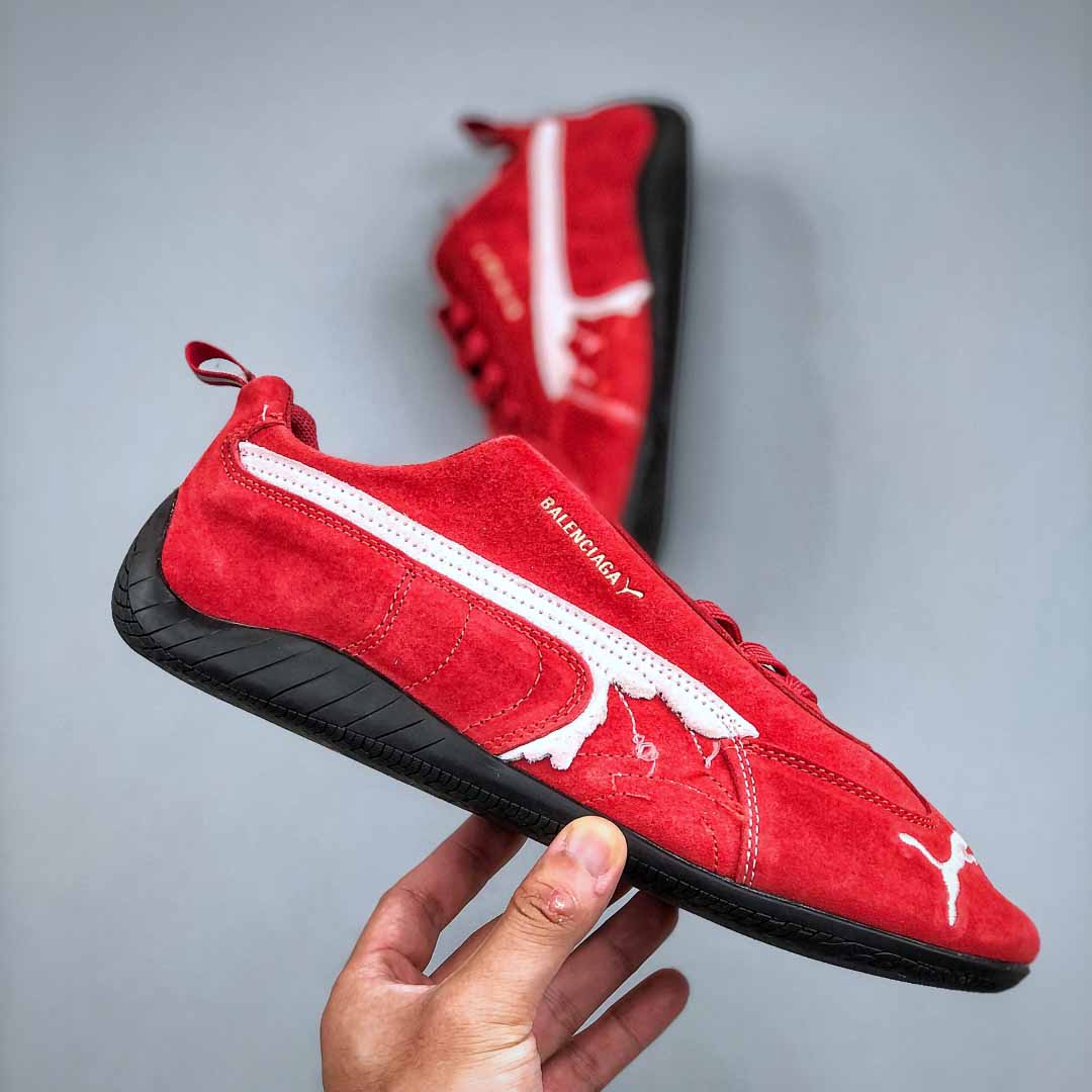 Balenciaga Speedcat Suede Balenciaga In Red, White And Black Distressed Suede Cowskin - FashionPlug