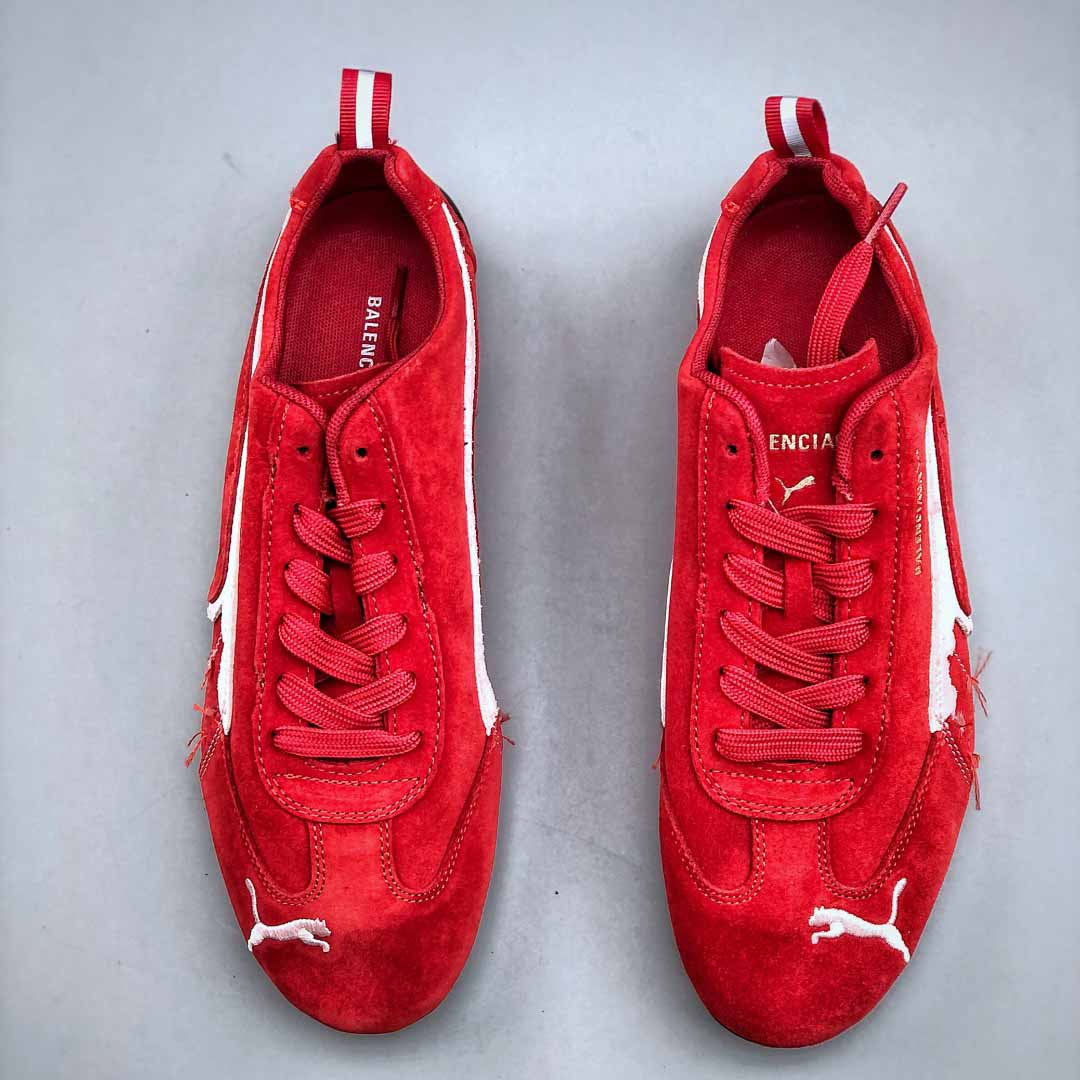 Balenciaga Speedcat Suede Balenciaga In Red, White And Black Distressed Suede Cowskin - FashionPlug