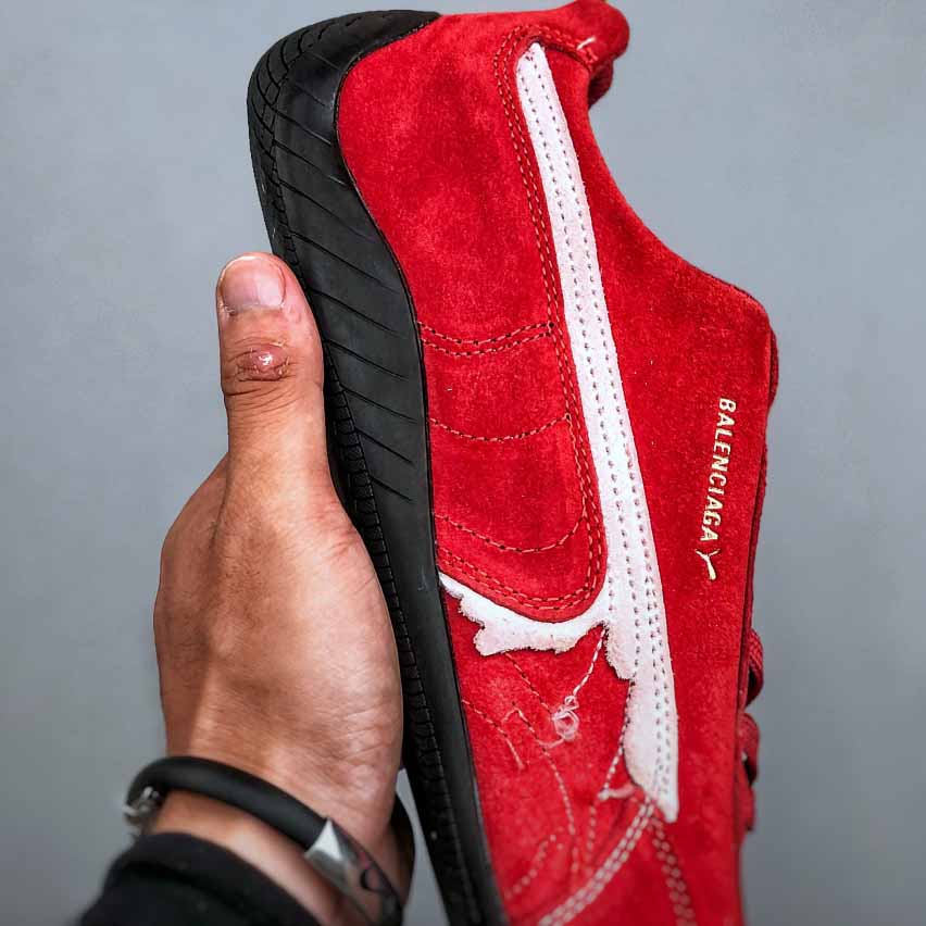 Balenciaga Speedcat Suede Balenciaga In Red, White And Black Distressed Suede Cowskin - FashionPlug