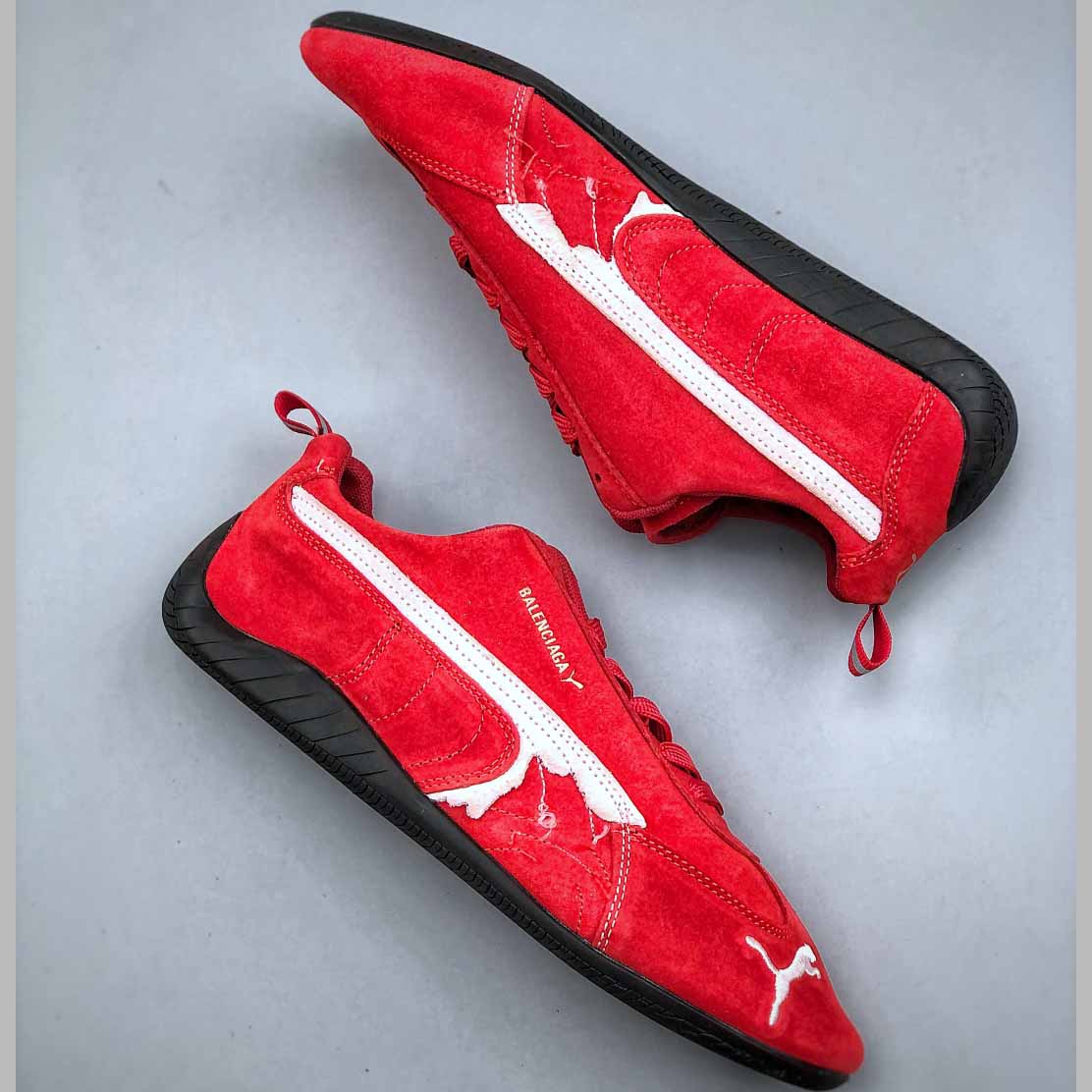 Balenciaga Speedcat Suede Balenciaga In Red, White And Black Distressed Suede Cowskin - FashionPlug