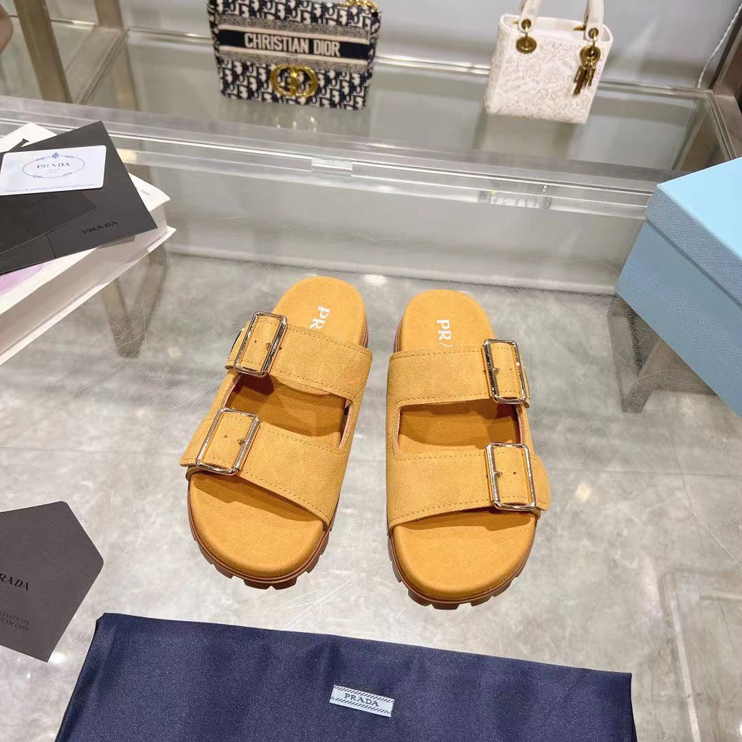Prada Ecru Suede Strap Slides  - FashionPlug