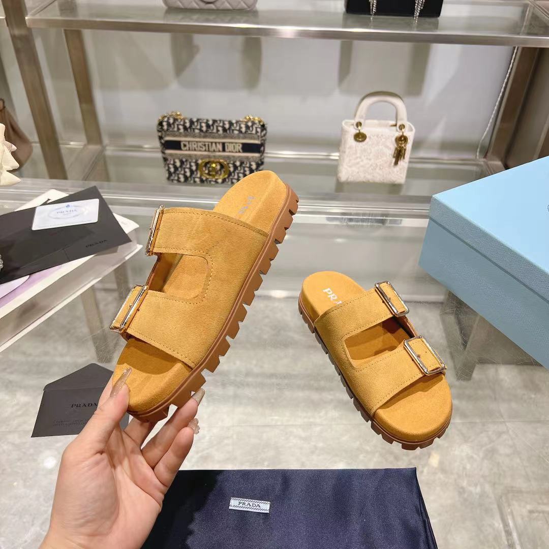 Prada Ecru Suede Strap Slides  - FashionPlug