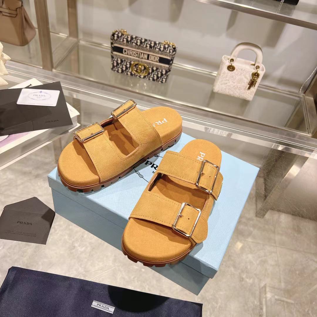 Prada Ecru Suede Strap Slides  - FashionPlug