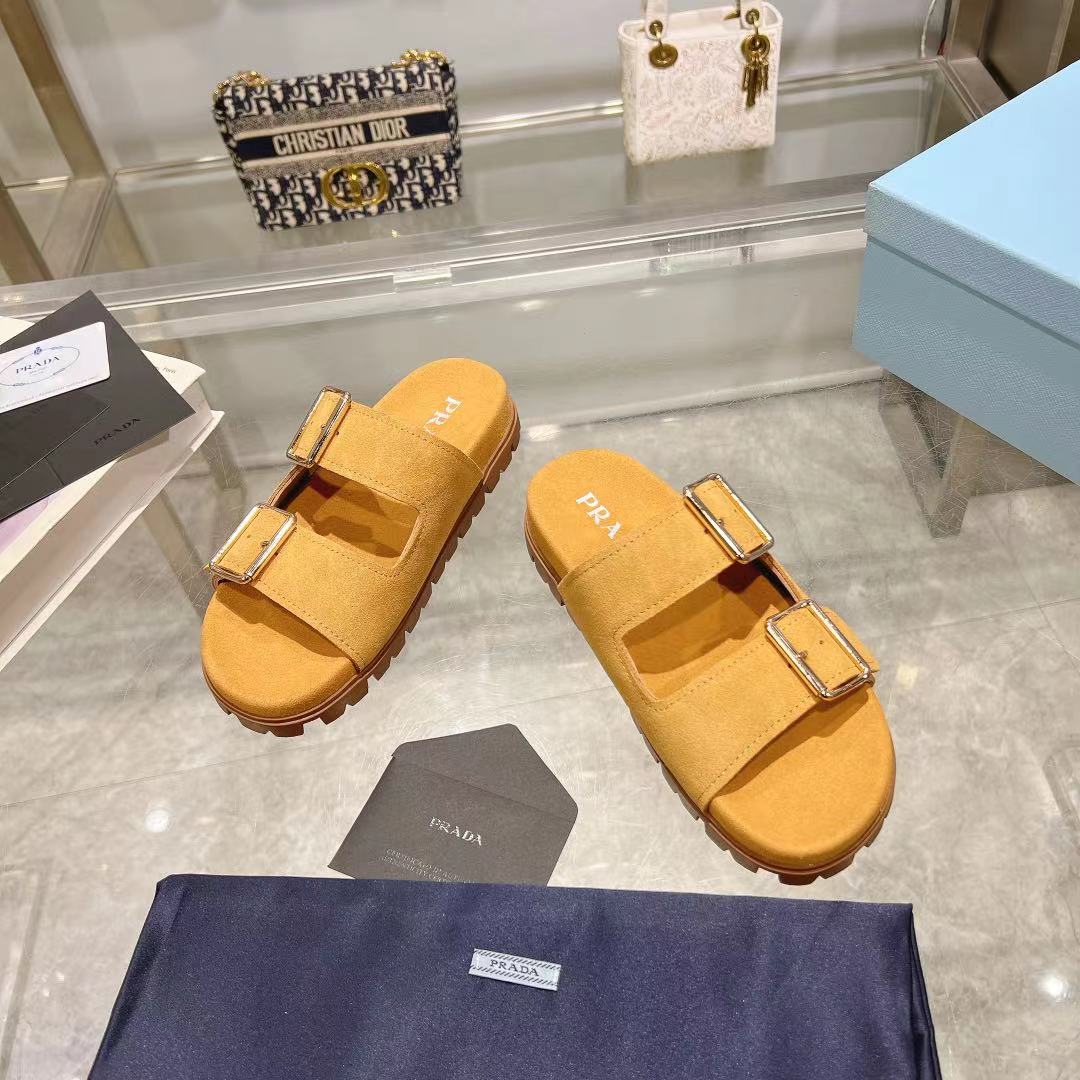 Prada Ecru Suede Strap Slides  - FashionPlug