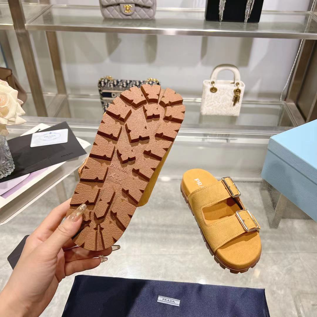 Prada Ecru Suede Strap Slides  - FashionPlug