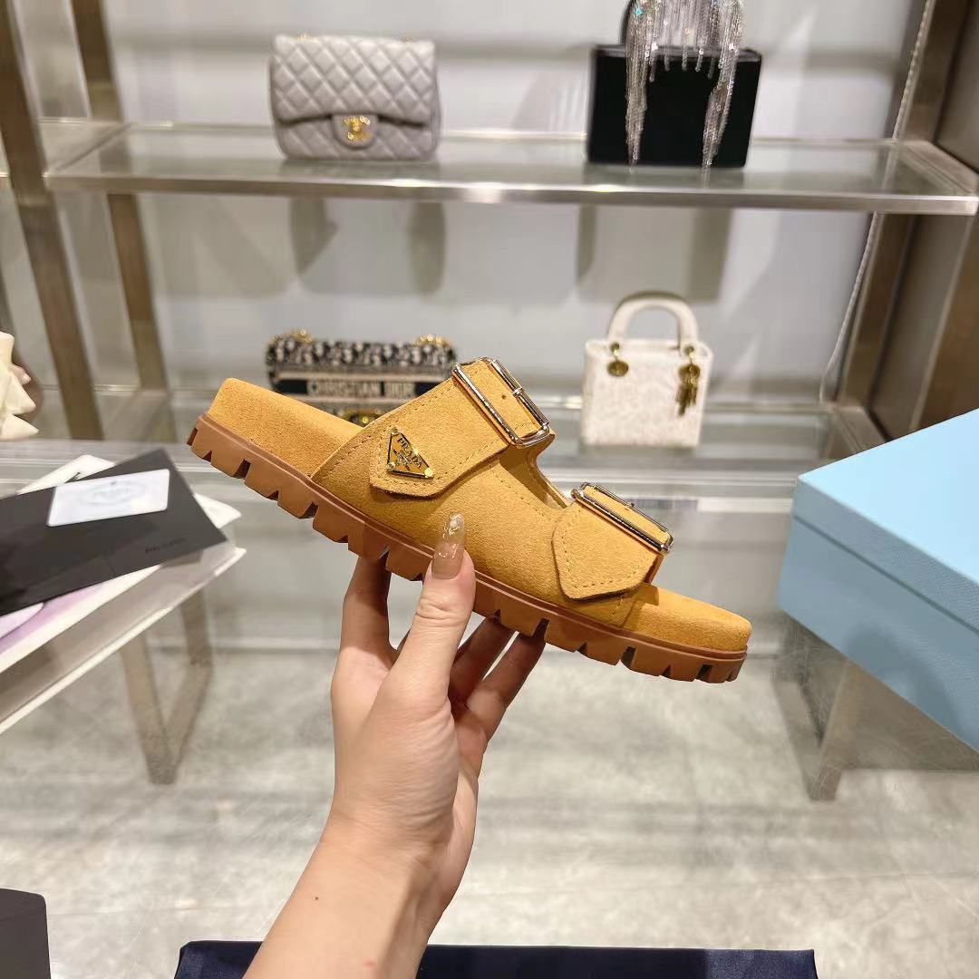 Prada Ecru Suede Strap Slides  - FashionPlug