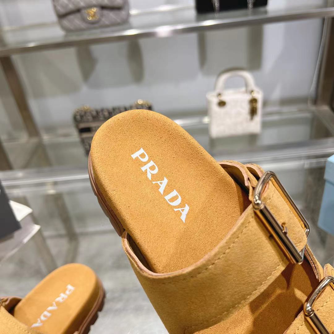 Prada Ecru Suede Strap Slides  - FashionPlug