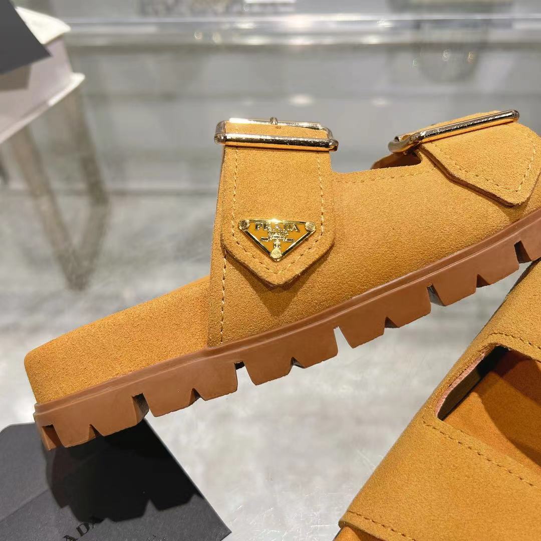 Prada Ecru Suede Strap Slides  - FashionPlug