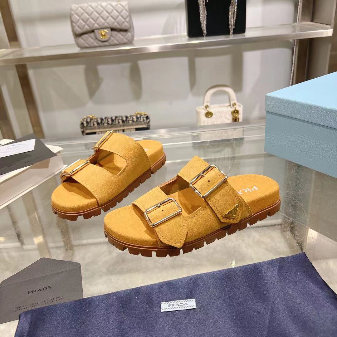 Prada Ecru Suede Strap Slides  - FashionPlug