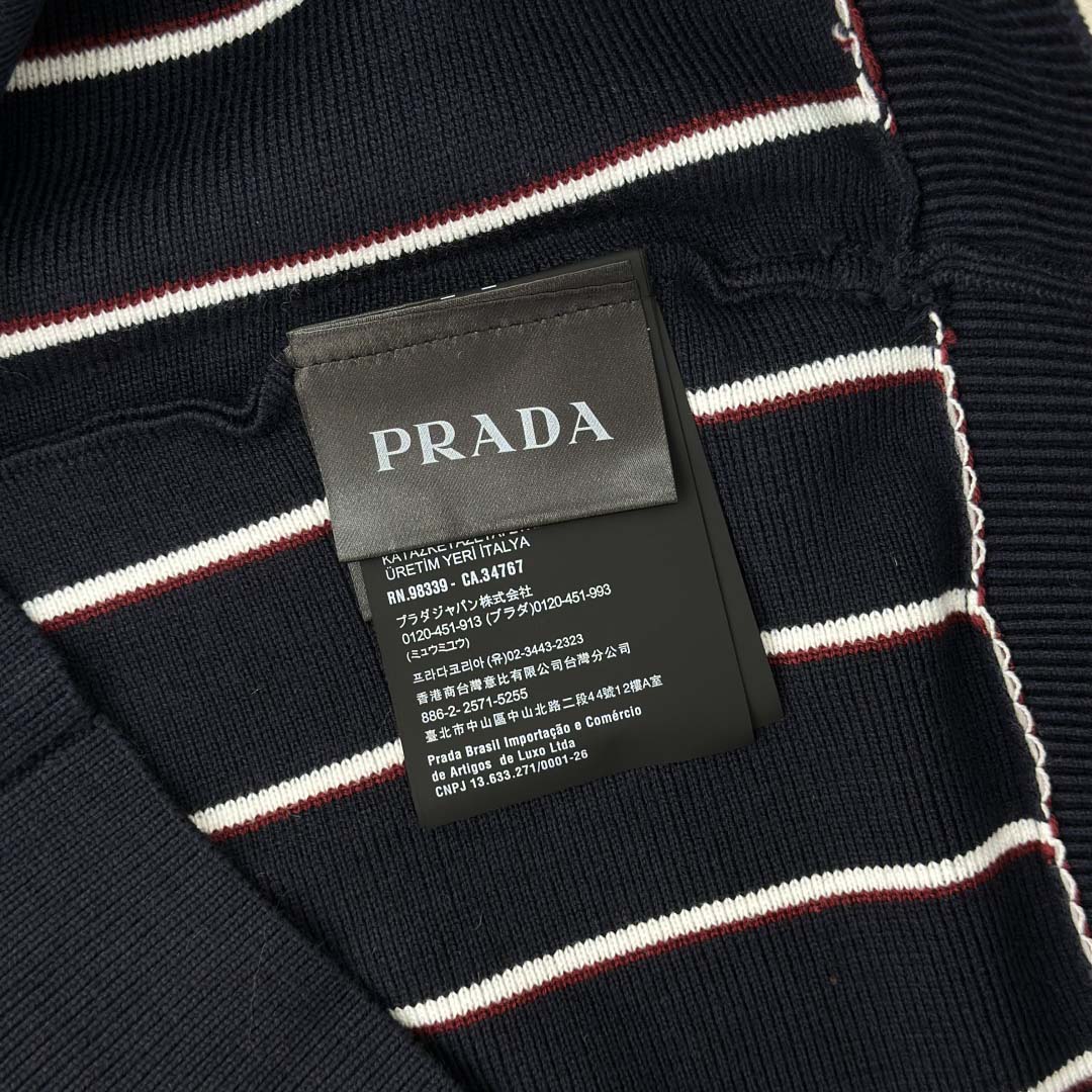 Prada Navy Striped Wool Cardigan - FashionPlug