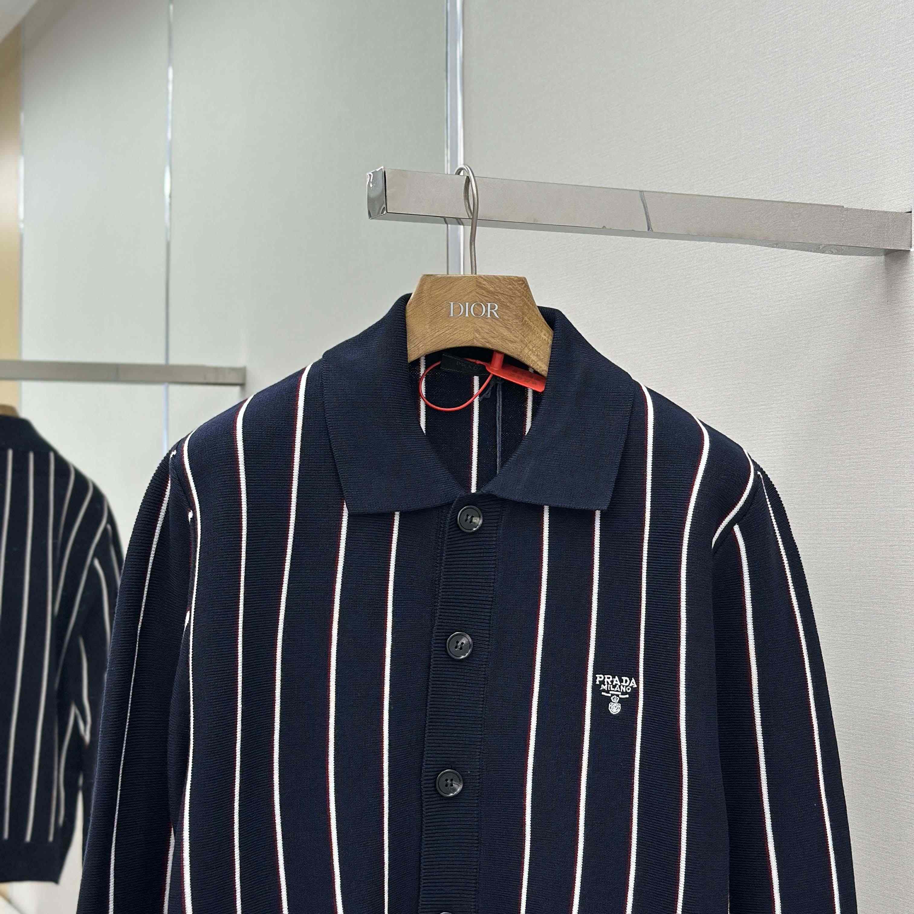 Prada Navy Striped Wool Cardigan - FashionPlug