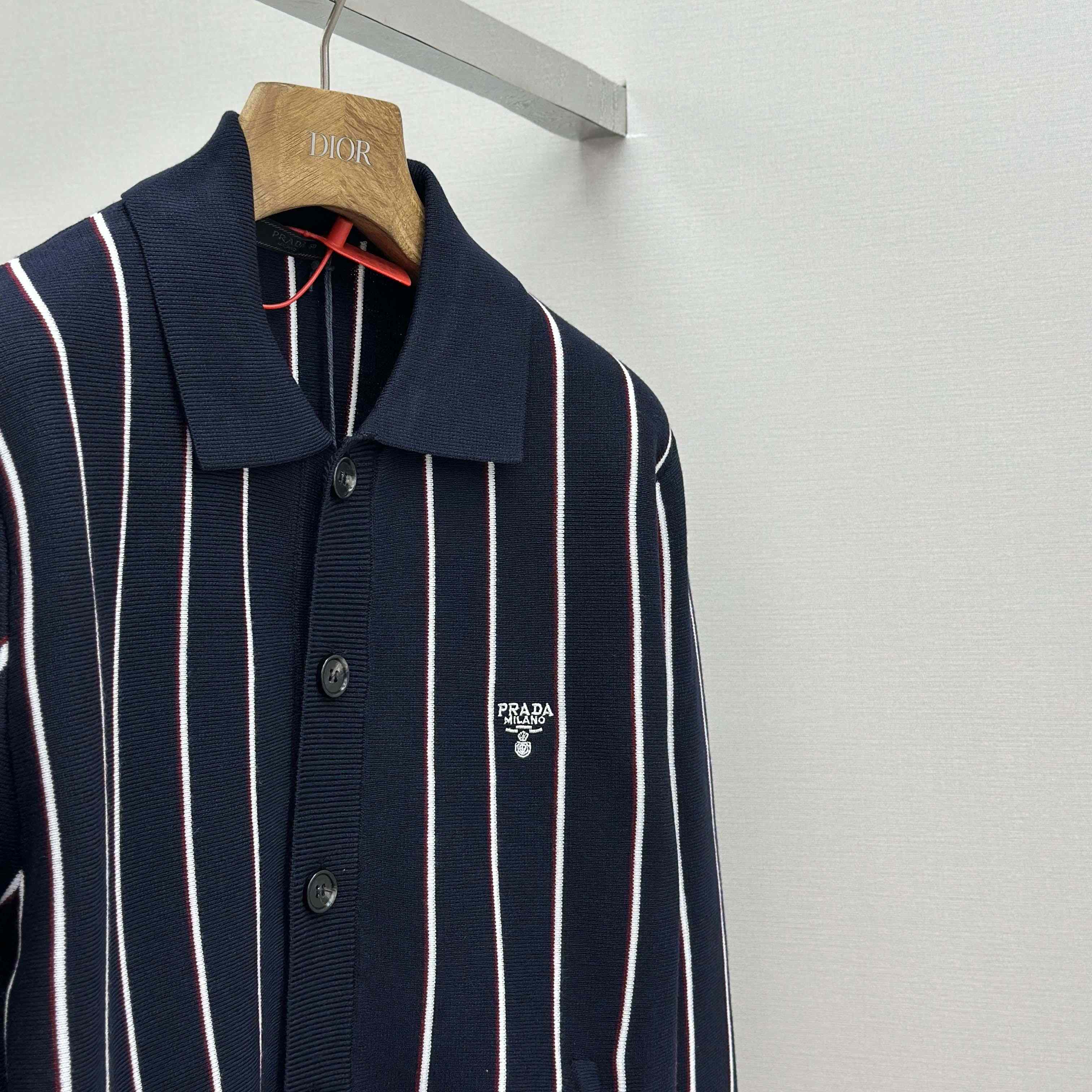 Prada Navy Striped Wool Cardigan - FashionPlug