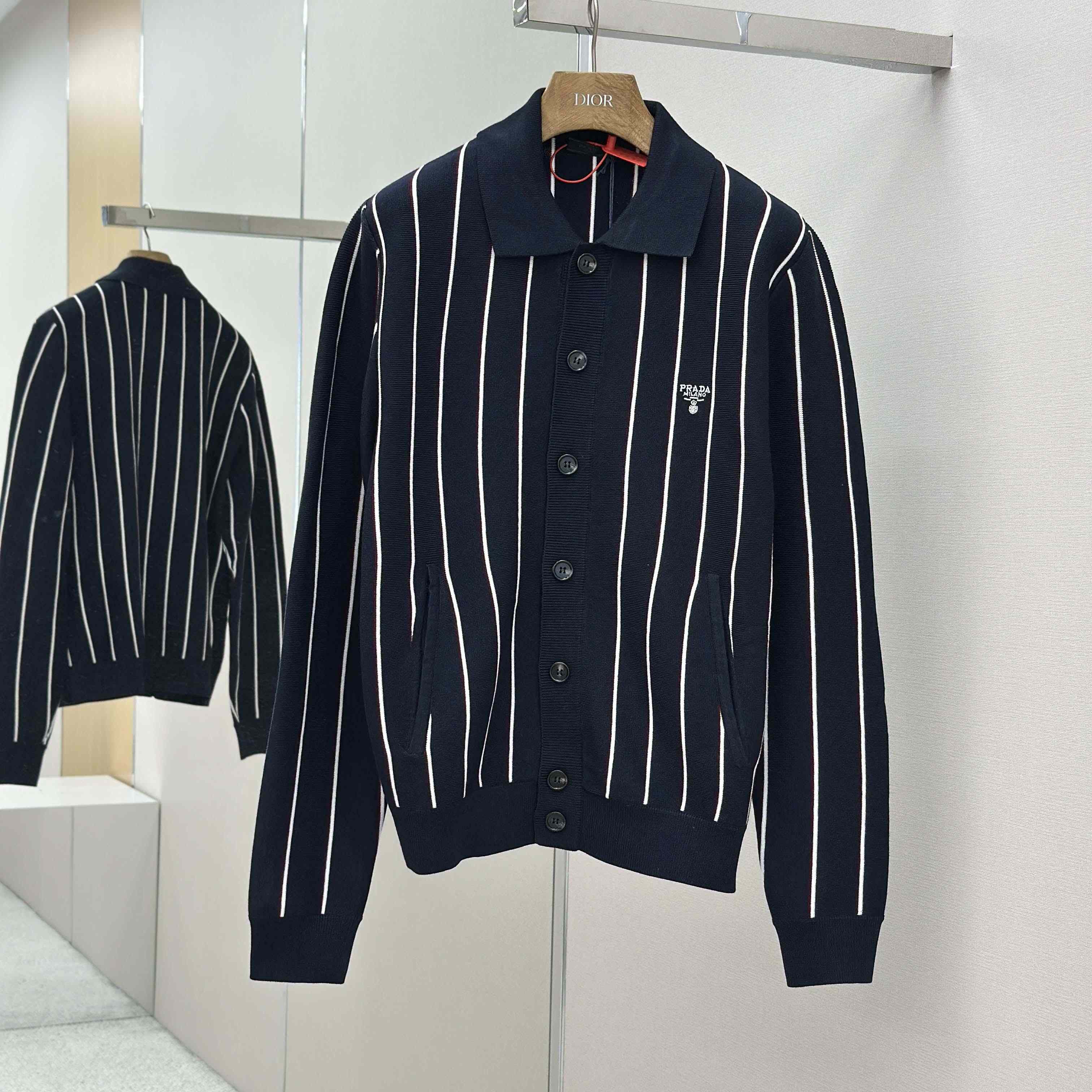 Prada Navy Striped Wool Cardigan - FashionPlug