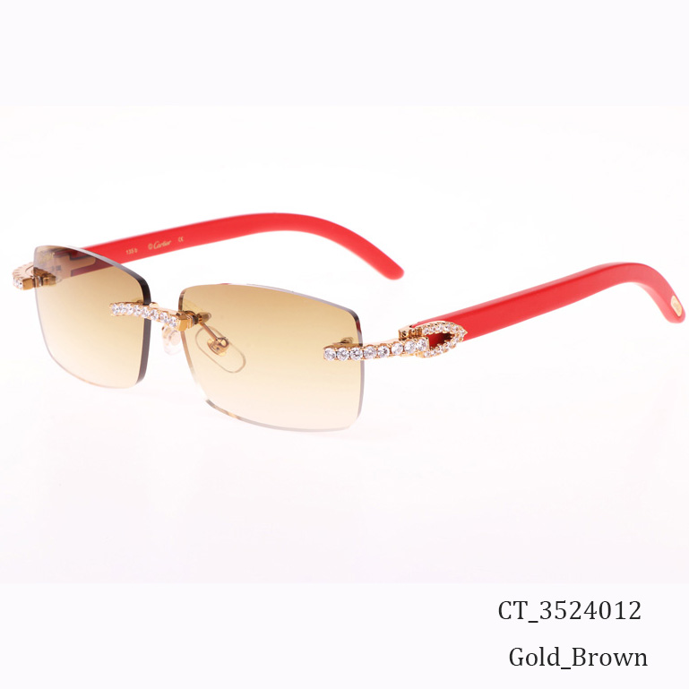 Cartier CT 3524012 Big Diamond Red Wood Sunglasses In Gold Brown - FashionPlug